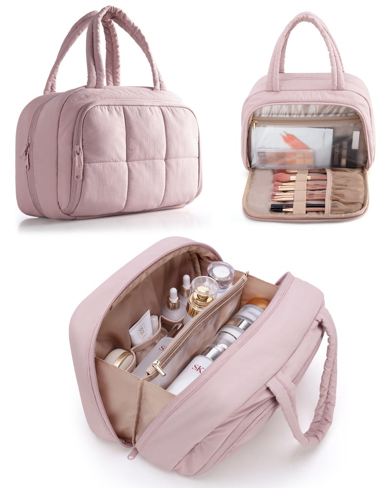 Marscamd Travel Makeup Bag for Women, Puffy Cosmetics & Toiletry Organizer with Leakproof Pockets for Travel-Size Shampoo, Conditioner, Brushes & Essentials - Medium Size, Pink (Bag Only)