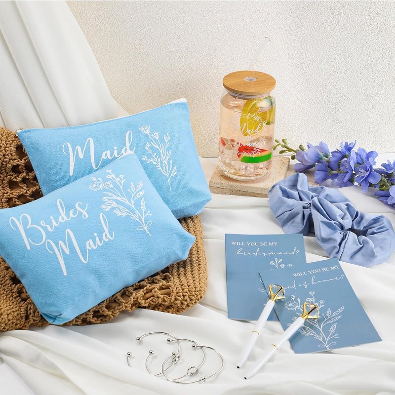 Bridesmaid Proposal Gifts Set - 36 Pcs Including 16 oz Glass Cups, Cosmetic Bags & Bracelets | Blue