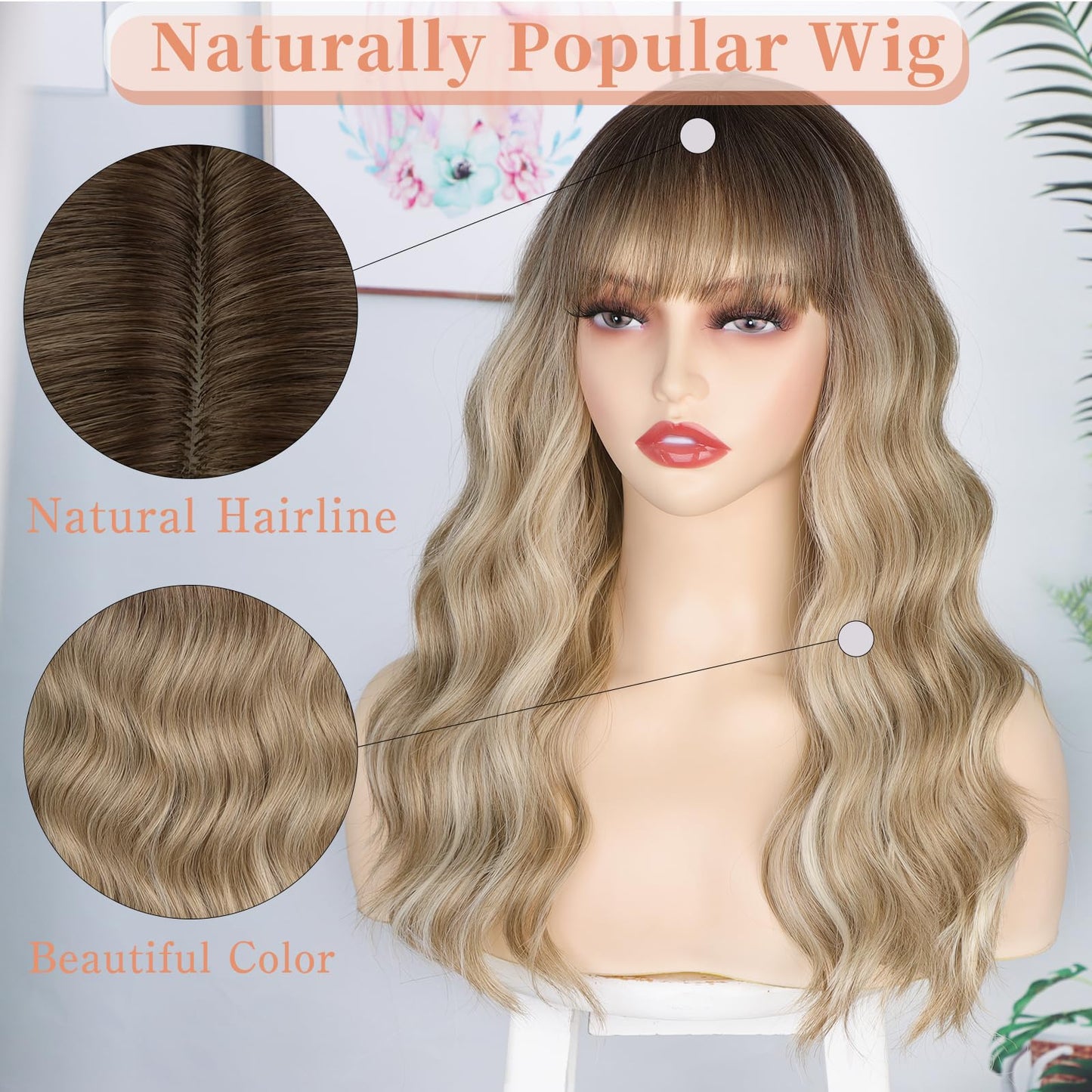 XIXIBI Blonde Wig with Bangs Dirty Blonde Wig for Women Long Wavy Curly Heat Resistant Fiber Synthetic for Daily Party Use (20inch)