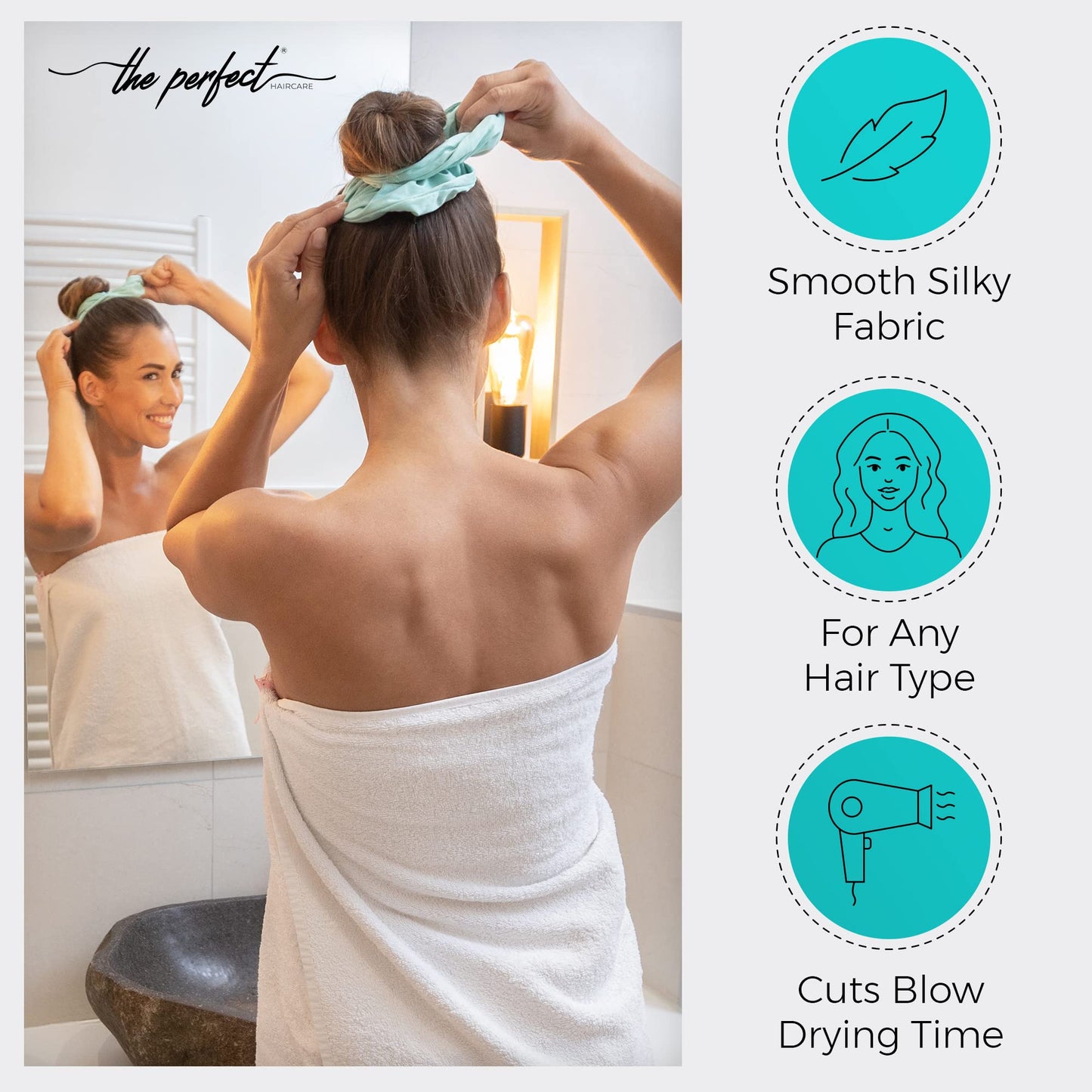THE PERFECT HAIRCARE Microfiber Hair Towel Wrap + 2 Smooth Large Hair Drying Tie for Wet Hair - Anti-Frizz, Gentle, Absorbent Hair Scrunchies or Face Washing Wristband