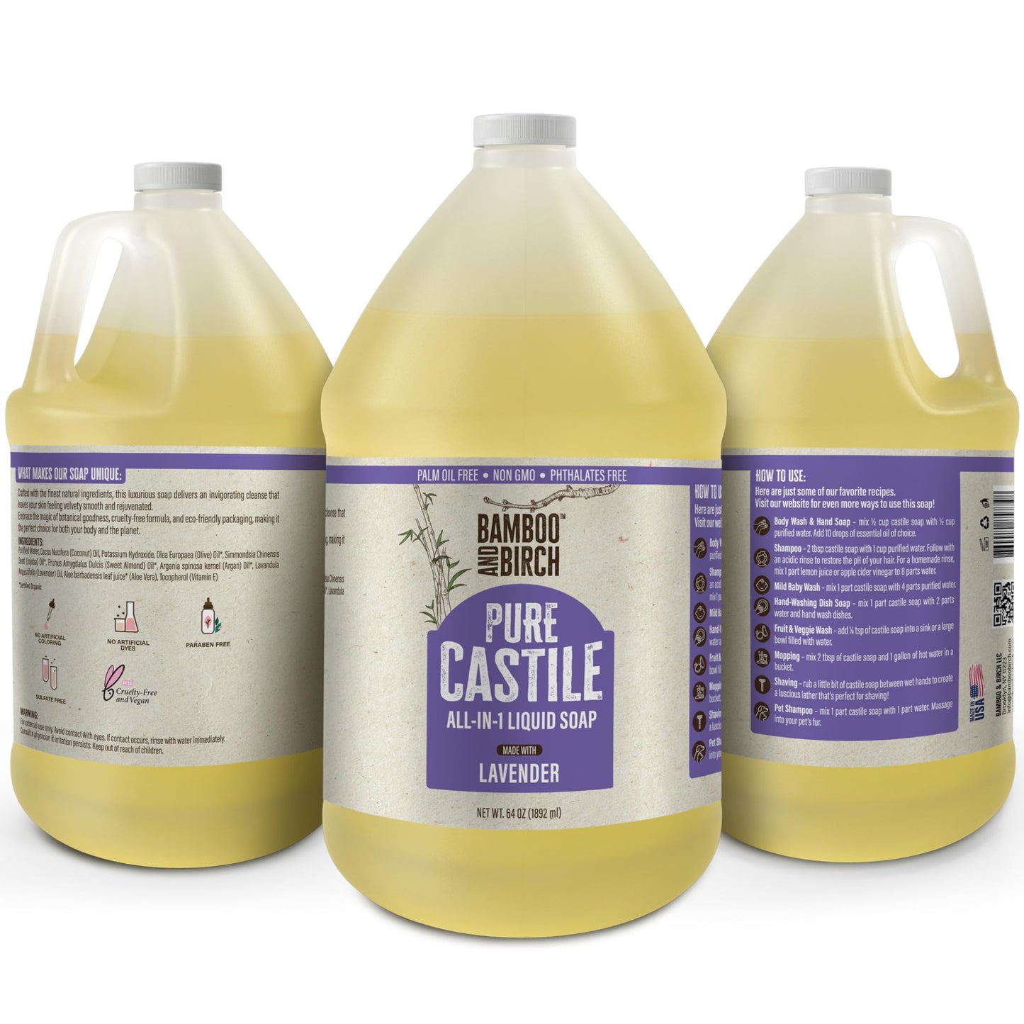 BAMBOO AND BIRCH Pure Castile Soap Liquid, Lavender, 64 oz