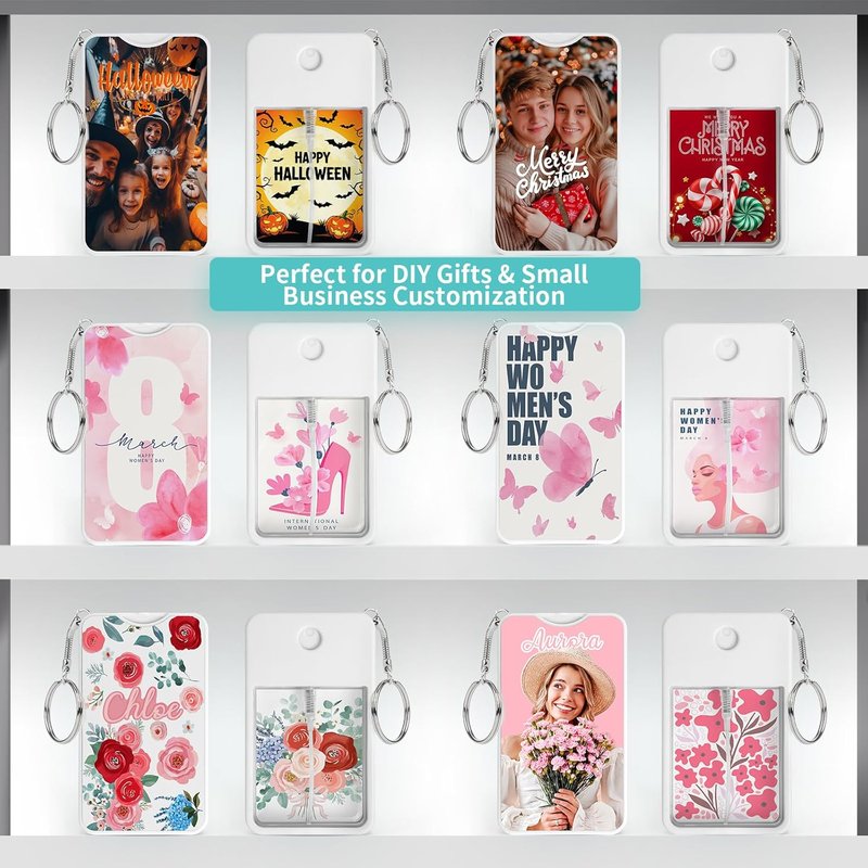 Sublimation Blanks Perfume Spray Bottles - 12 Pack 1FL OZ | White Portable Refillable Travel Sprayers with Key Ring & 16 Double-Sided Aluminum Sheets for DIY