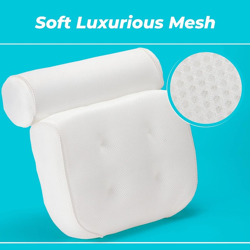 Bathtub Pillow for Neck and Back Support - Machine Washable Bath Headrest with 6 Suction Cups | Drying Hook Included