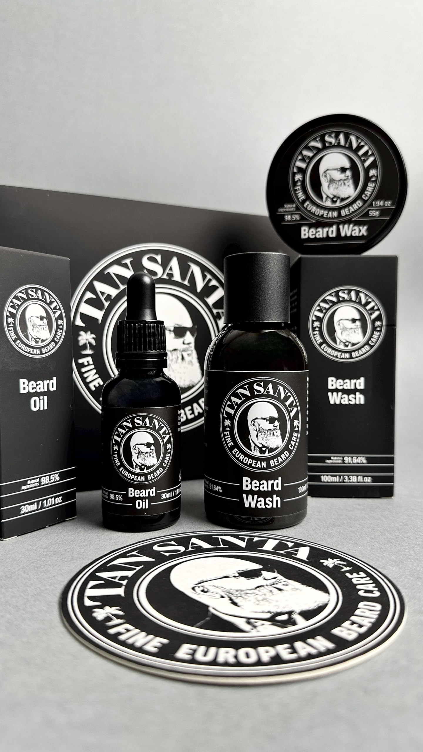 Tan Santa Beard Care Kit for Men - 3 pack - Beard Oil, Beard Wash, and Beard Wax. Small batch European formulations