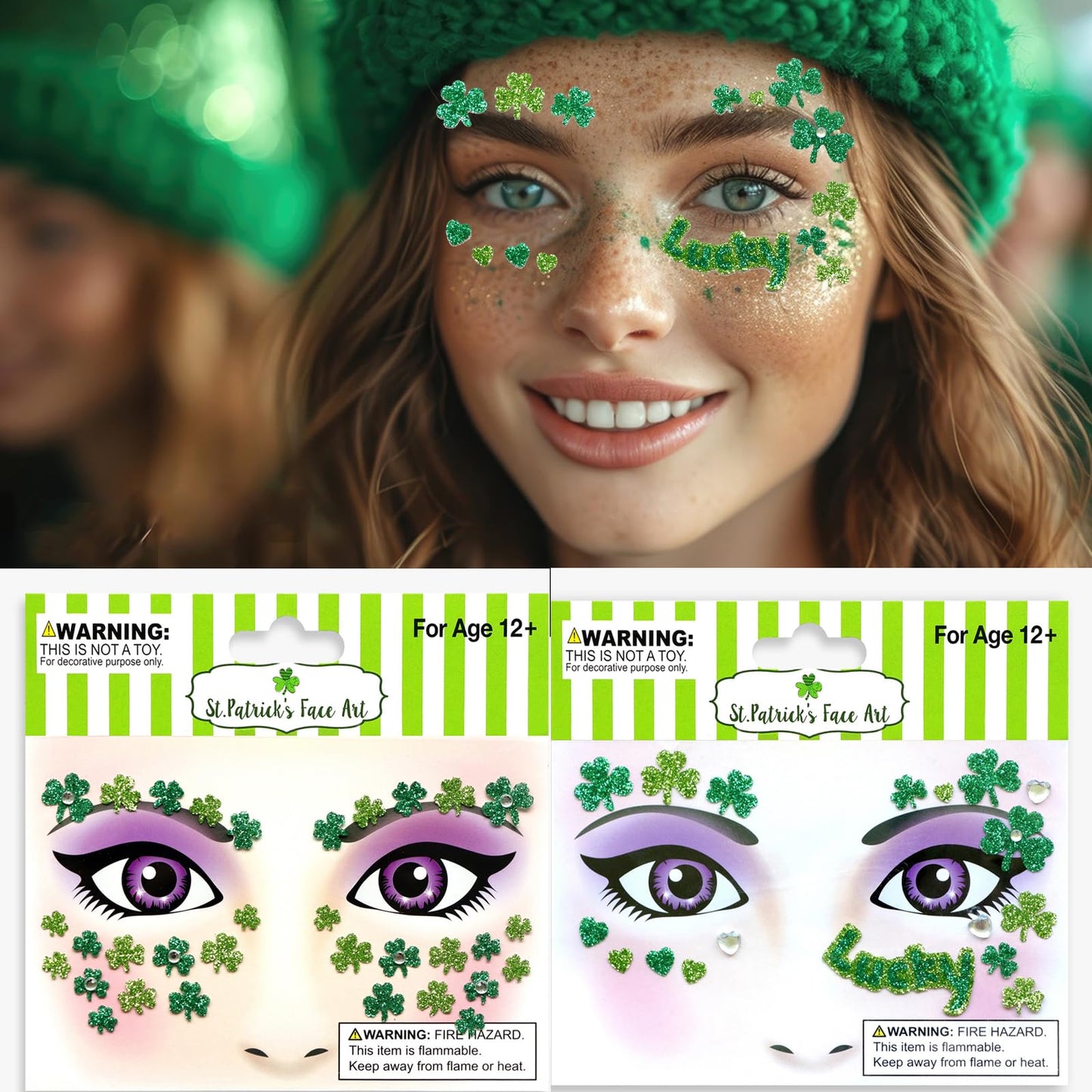 Ecuupas St. Patrick's Day Face Gems Shamrock Festival Green Glitter Clover Rhinestones Design Eyes Body Temporary Stickers for Luck Makeup Stick on Women Face Proms Decorations