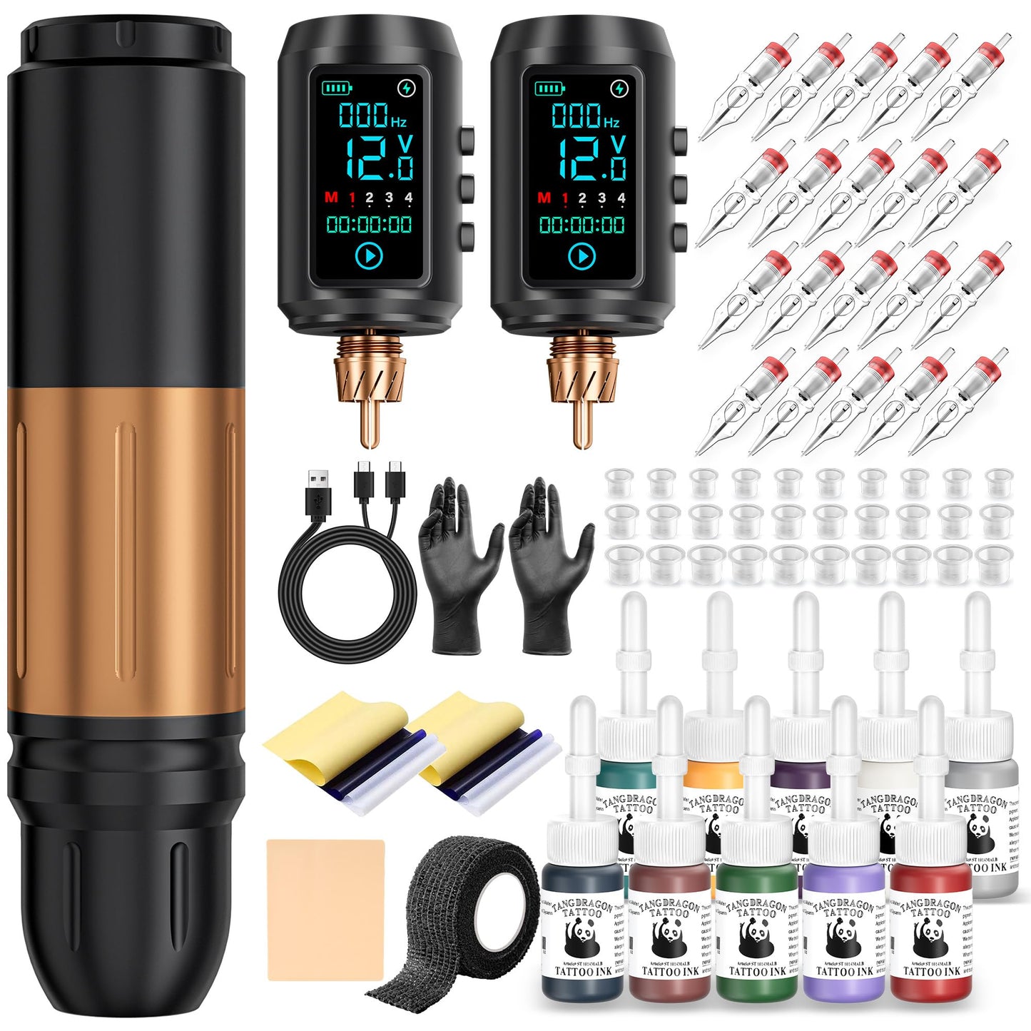 EMRICE Tattoo Gun Kit Wireless Tattoo Machine Pen Kit with 2Pcs Replaceable battery and 20 pcs Tattoo Cartridge Needles, 10 Ink Colors for Complete Tattoo Machine kit for Beginners (Black Gold)