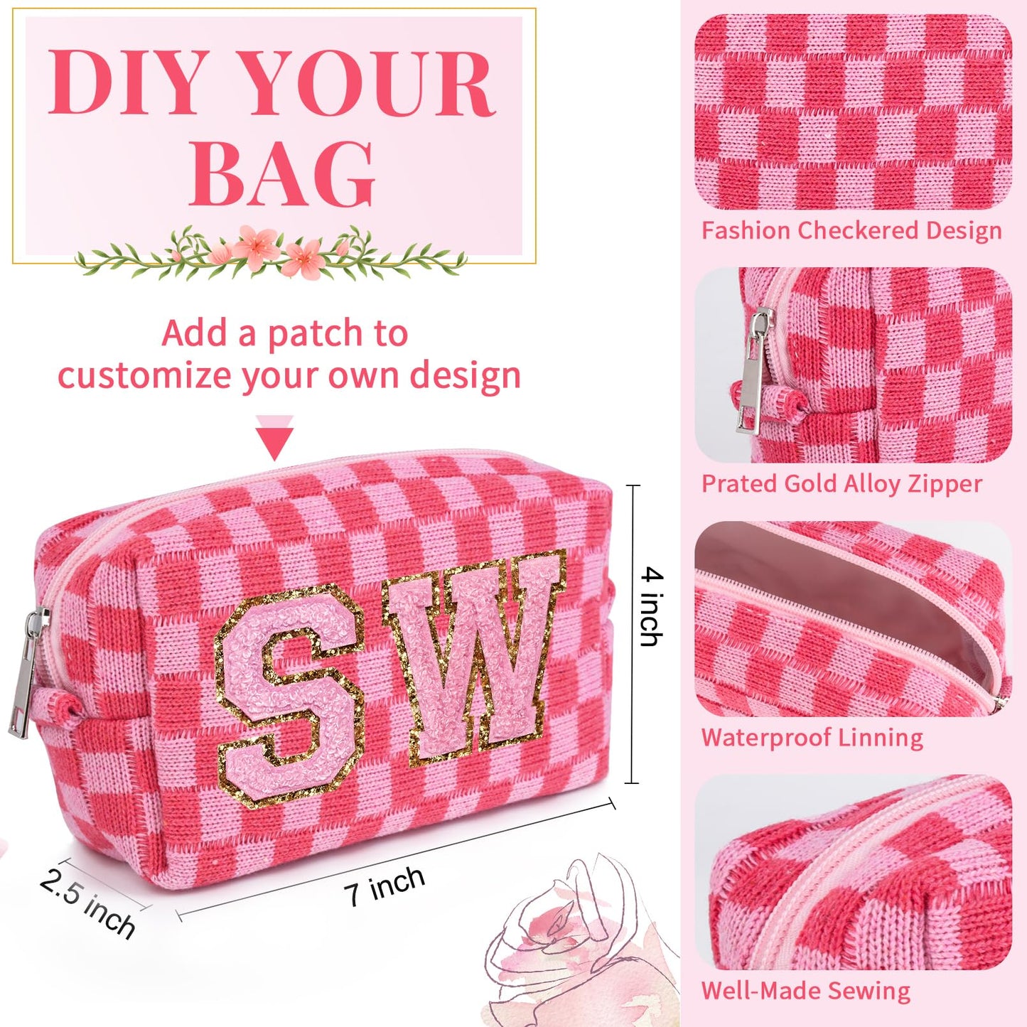 8 Pcs Checkered Makeup Bag Bridesmaid Proposal Gifts Makeup Pouch Bulk for Wedding Party Favors Bachelorette Party Decorations Toiletry Organizer Bag Cosmetic Case Gift