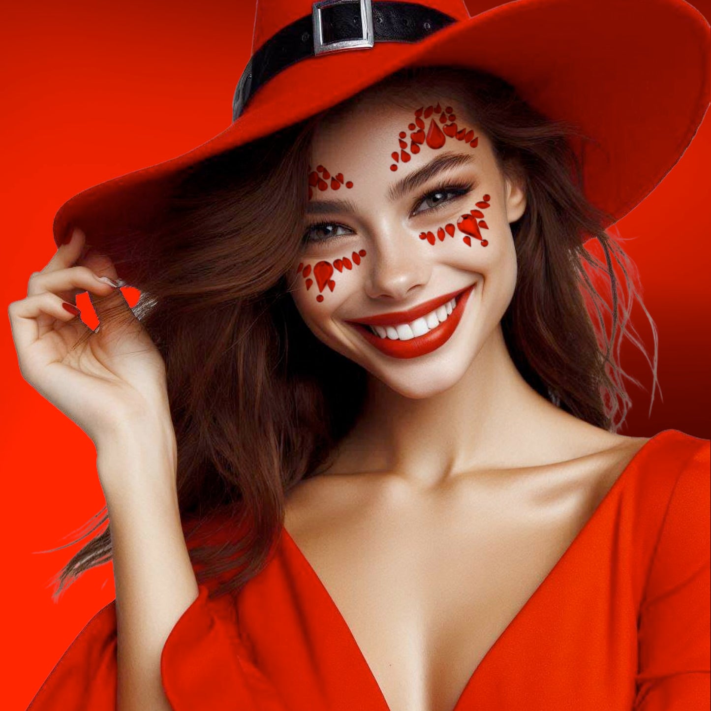 Face Gems - Self-Adhesive Jewels for Festival, Rave Party, Halloween Body Makeup - Glitter Tattoo Sticker, Rhinestone for Eyes, Face, Body (4 PCS RED)