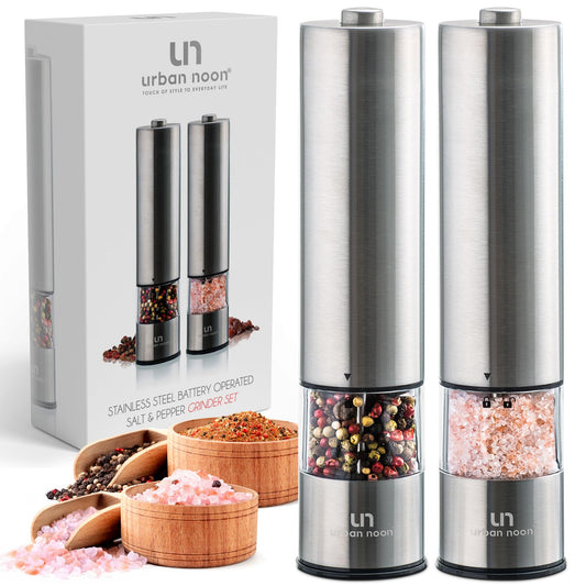 Urban Noon Electric Salt and Pepper Grinder Set (2 Mills, 8.1" Tall) - One-Handed Push-Button Mills with LED Light, Adjustable Ceramic Coarseness, Gift-Ready Box, 1-Year Warranty - Stainless Steel