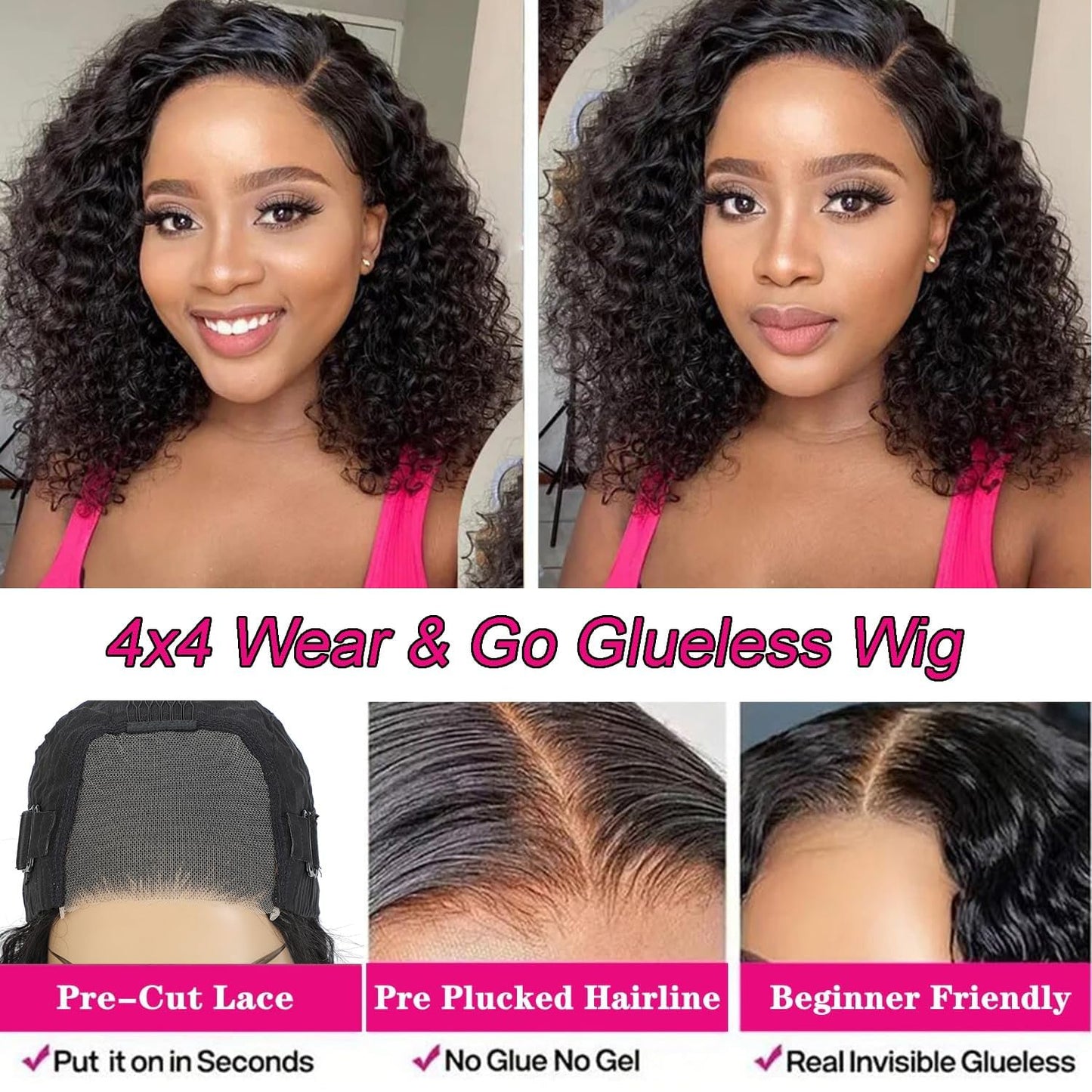 Potoki Short Bob Wig Human Hair 4x4 Glueless Wigs Human Hair Pre Plucked Pre Cut Deep Wave HD Lace Closure Human Hair Wigs For Black Women Curly Wig (12 Inch)
