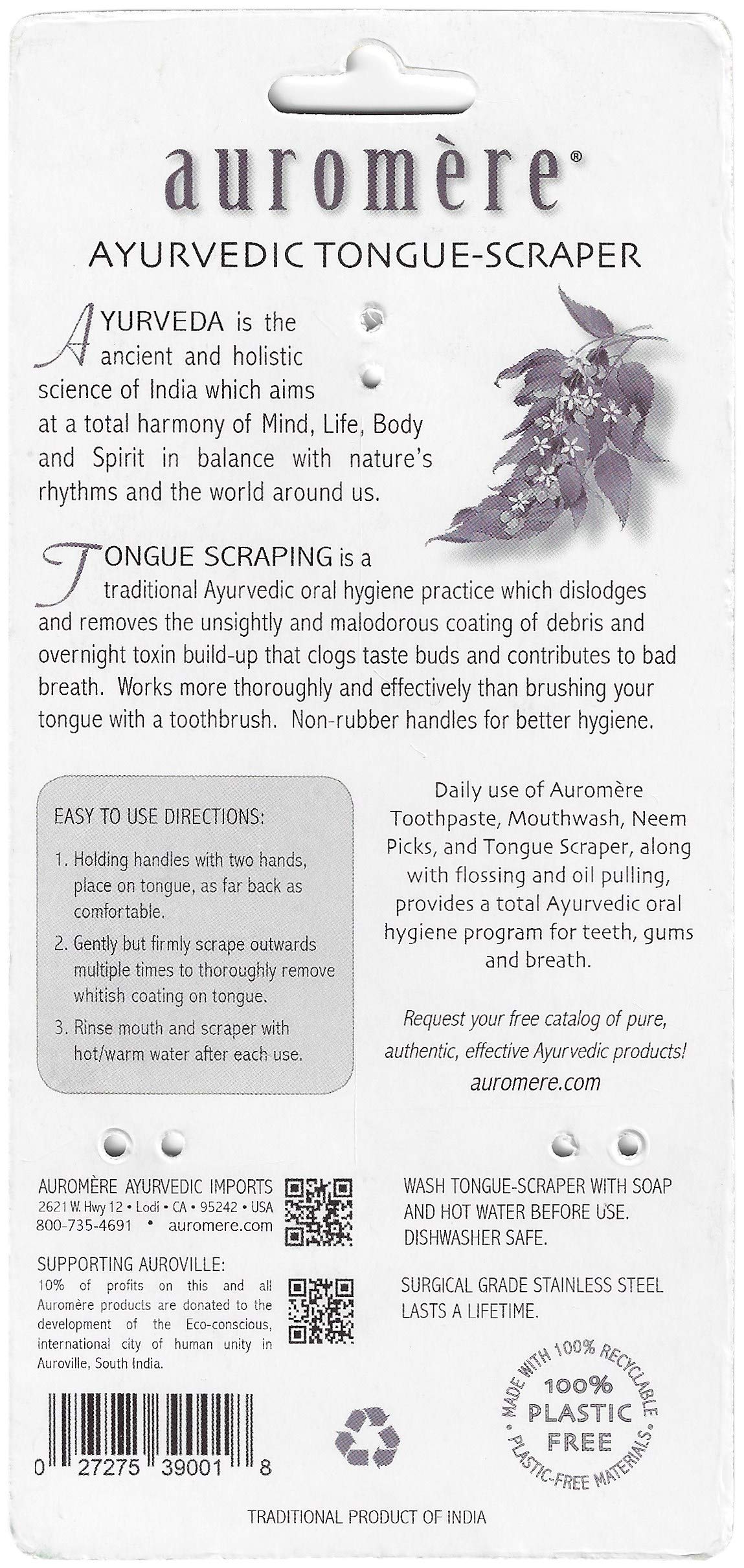 Auromere Tongue Cleaner, Ancient Oral Hygiene, Eco Friendly, Zero Waste, Stainless Steel, Eliminate Bad Breath (3 Pack)