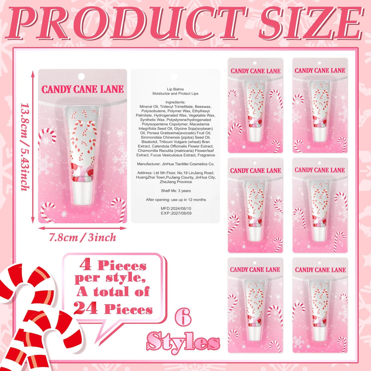 Linyuthia 24 Pcs Cane Themed Lip Balms Christmas Lip Balms Bulk Lip Gloss Mint Candy Flavored 6 Styles Holiday Party Treat Goodie Bags Cute Stocking Stuffers Christmas Gifts for Girls Women Friend