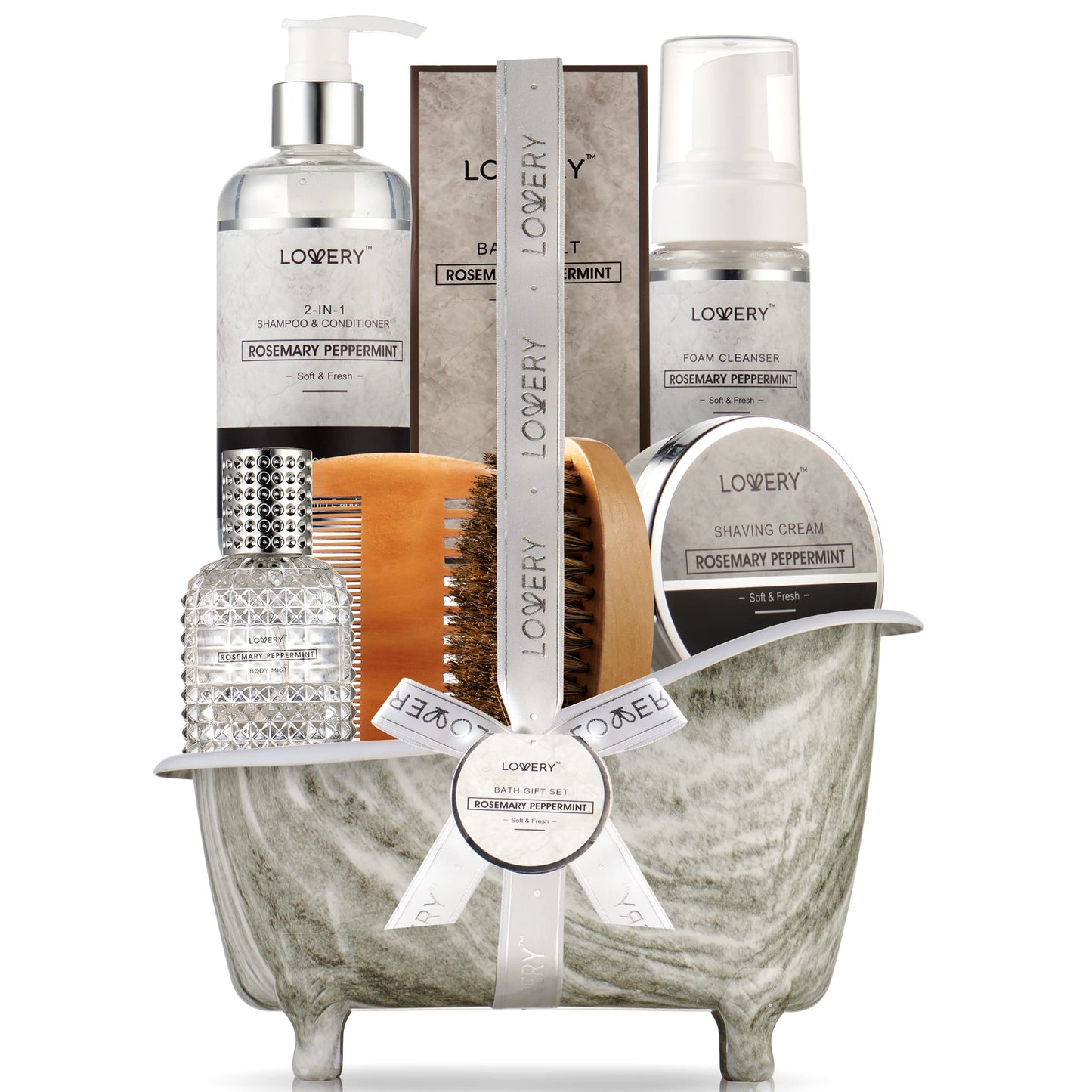 Birthday Gifts, Bath and Body Grooming Self Care Baskets, Rosemary Peppermint Birthday Gifts for Dad, Husband, Him Boyfriend, Spa Basket with Pheromone Perfume, Foam Soap, Beard Brush & More