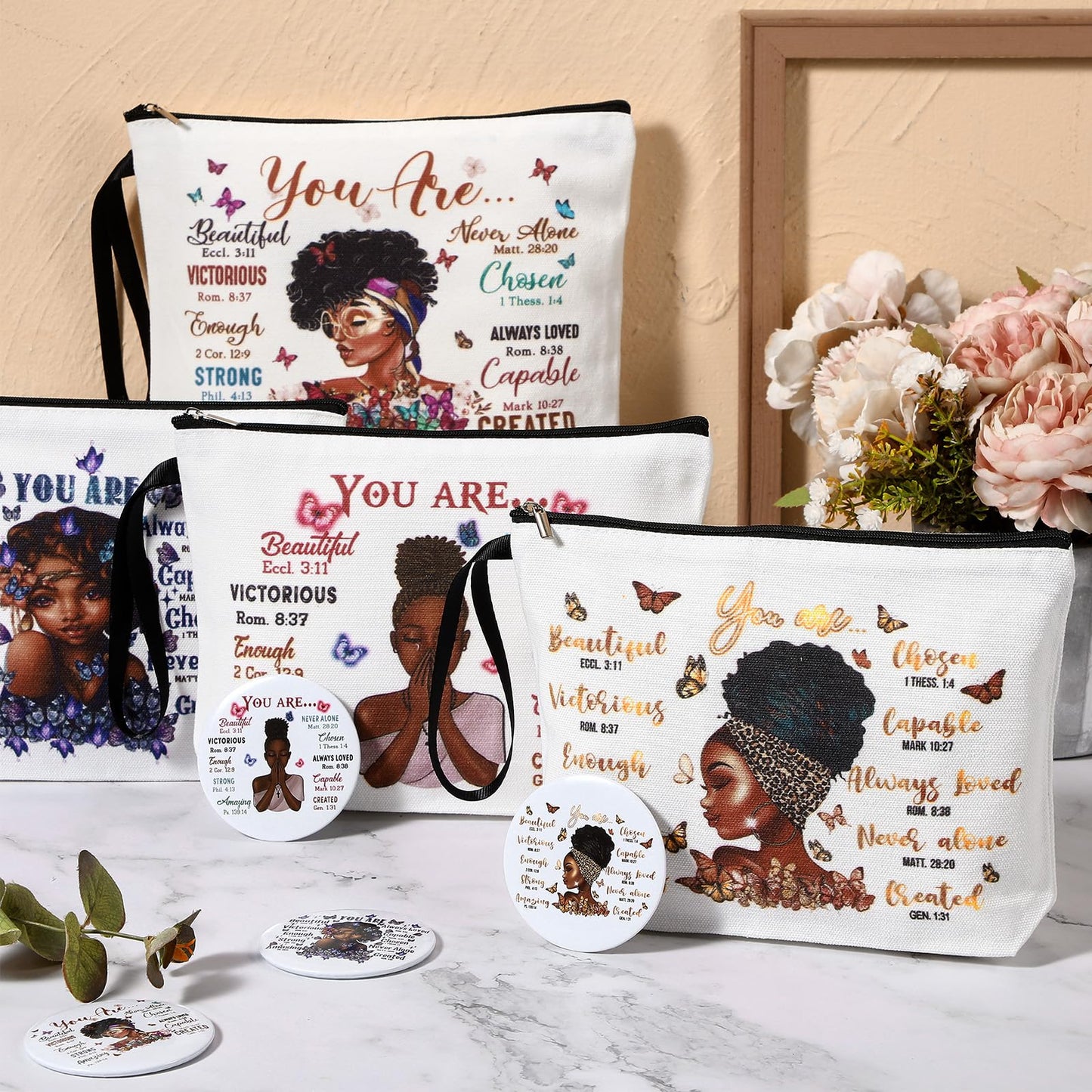 Roowest 40 Pcs Black Women Gifts Bulk Makeup Bag with Inspirational Compact Mirrors, Funny Small Travel Cosmetic Gifts for Vbs Back to School Teacher Students Black Women