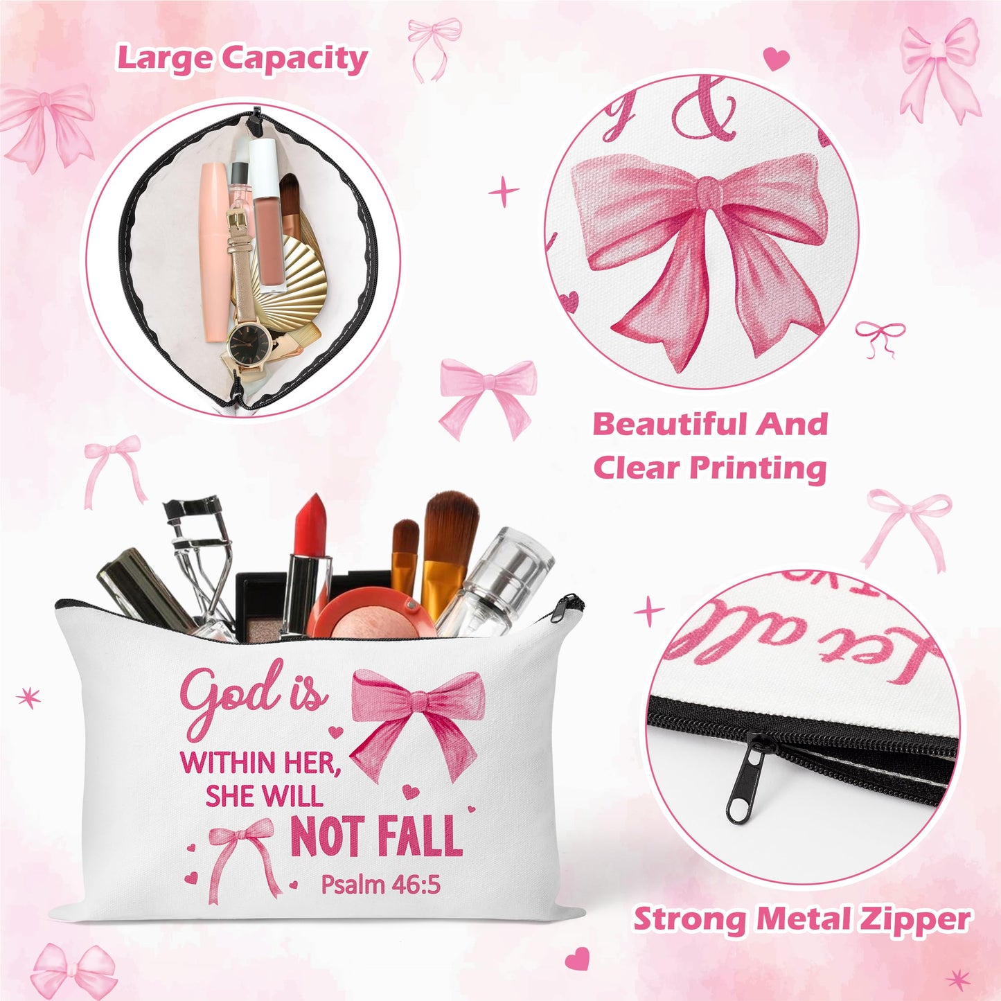 Y1tvei Bow Bible Cosmetic Bags - 30Pcs Pink Coquette Mini Bible Verse Makeup Bag with Zipper, White Canvas Large Capacity Cosmetic Bags Set Gifts Bulk for Women Girls Inspirational Church Party Favors