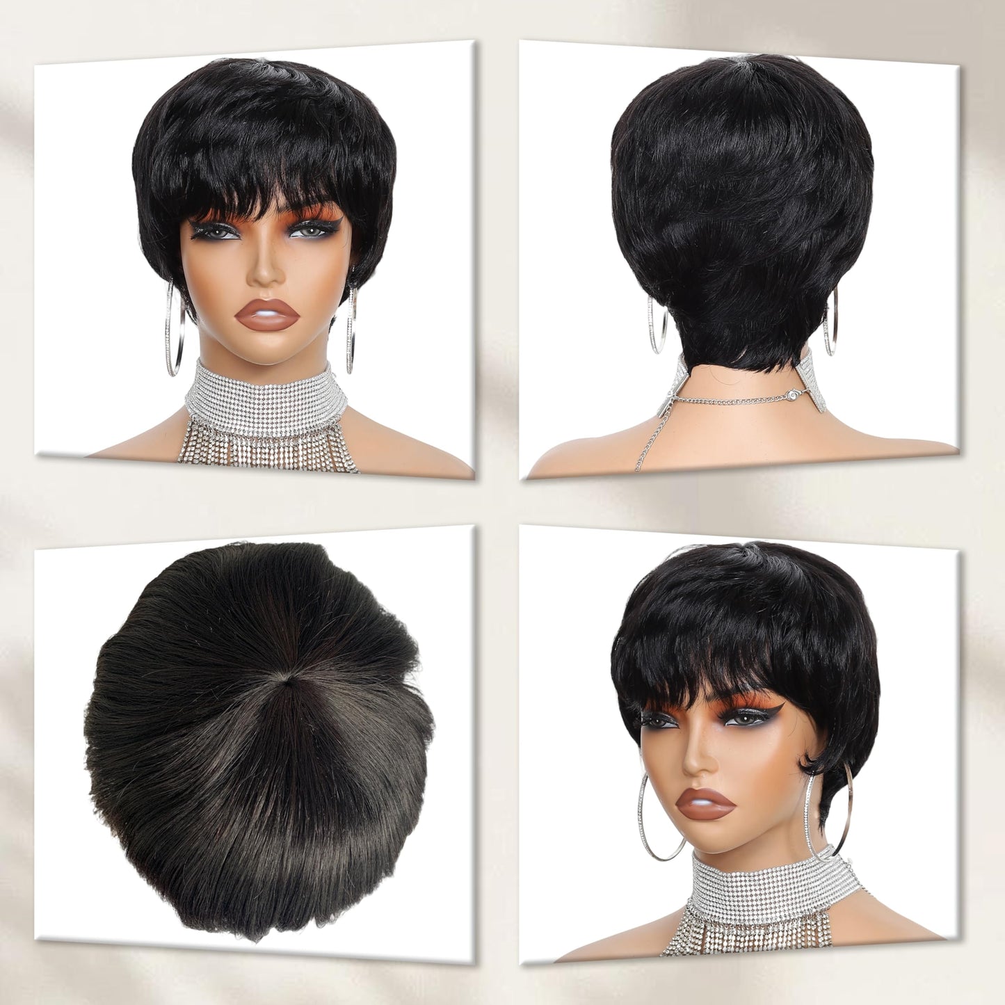 beauty proya Pixie Cut Human Hair Wigs for Black Women Short Layered Pixie Wigs with Bangs Natural Black 4" Brazilian Virgin Straight 100% Human Hair Wear and Go