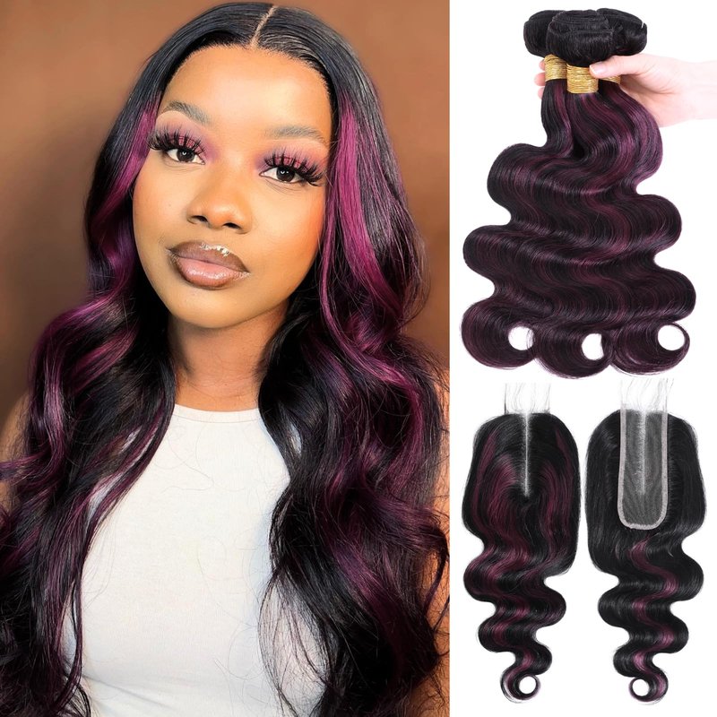 ALHER Black Mix Purple Highlight Bundle Human Hair Body Wave, 12A Soft Thick Single Bundle Wavy Human Hair, 100% Remy Hair Midnight Purple Dark Burgundy Highlight Two Tone Color (#1B/Purple, 16 Inch)