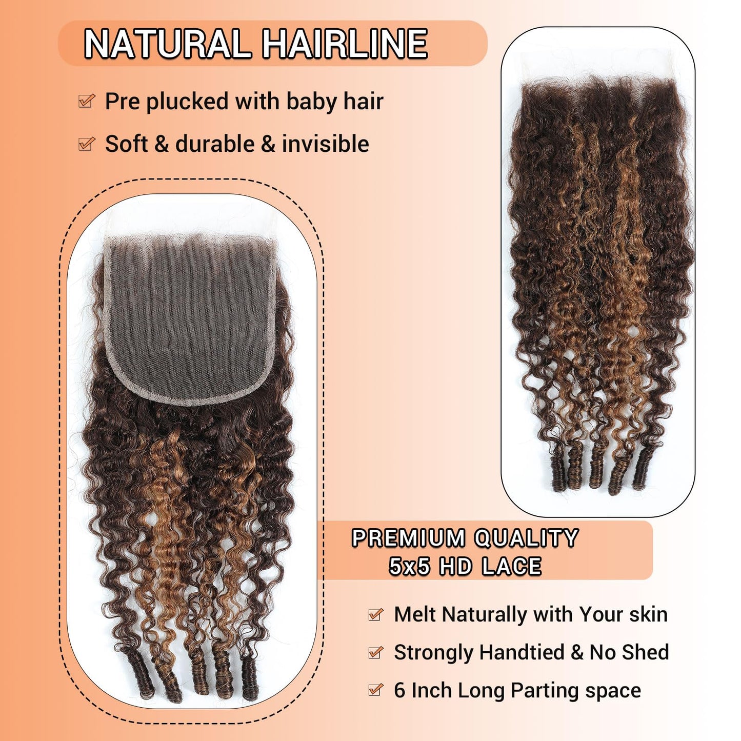 DSEKCAIN Highlight 5x5 Burmese Curly Closure P4/27 100% Real Human Hair Burmese Curly With Spiral Curl End 5x5 Transparent HD Lace Closure Brown Honey Blonde Piano Color 12 Inch