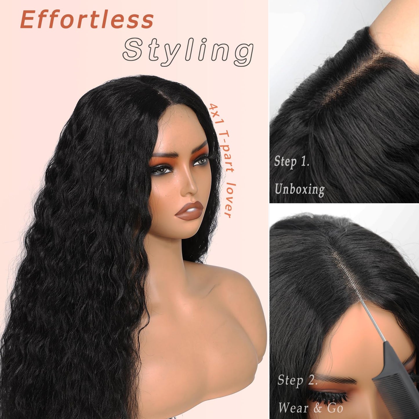 YKHJH 26 Inch Black Synthetic Lace Front Wig,100％ Protein Silk Deep Water Wave Lace Front Wig,Curly Glueless Wigs For Black Women,Hair Replacement Wigs Perfect for Daily & Party Use (Black)