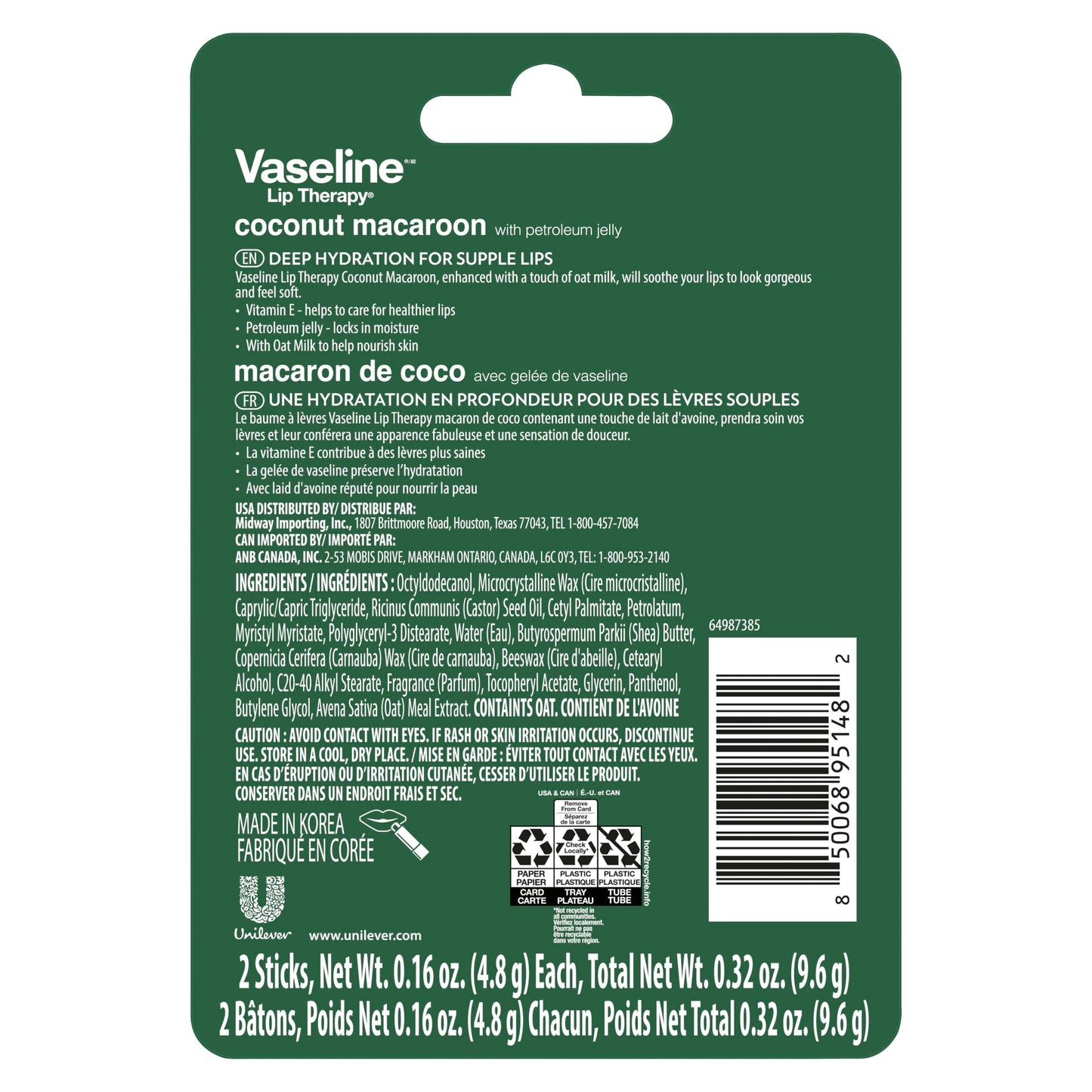 Vaseline Lip Therapy Holiday Edition Coconut Macaroon, Refreshing Hydration with Petroleum Jelly, 2 Pack with 4 Sticks, 0.16 oz Each