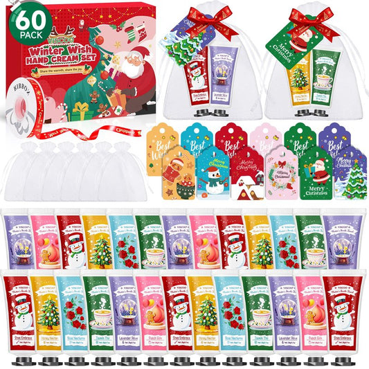 VISCOO 60 Sets Christmas Hand Cream Gift Set for Women, Hand Lotion In Bulk for Dry Cracked Hands Travel Size, Christmas Gifts with Cards and Organza Gift Bags, Stocking Stuffers for Women Teen Girls
