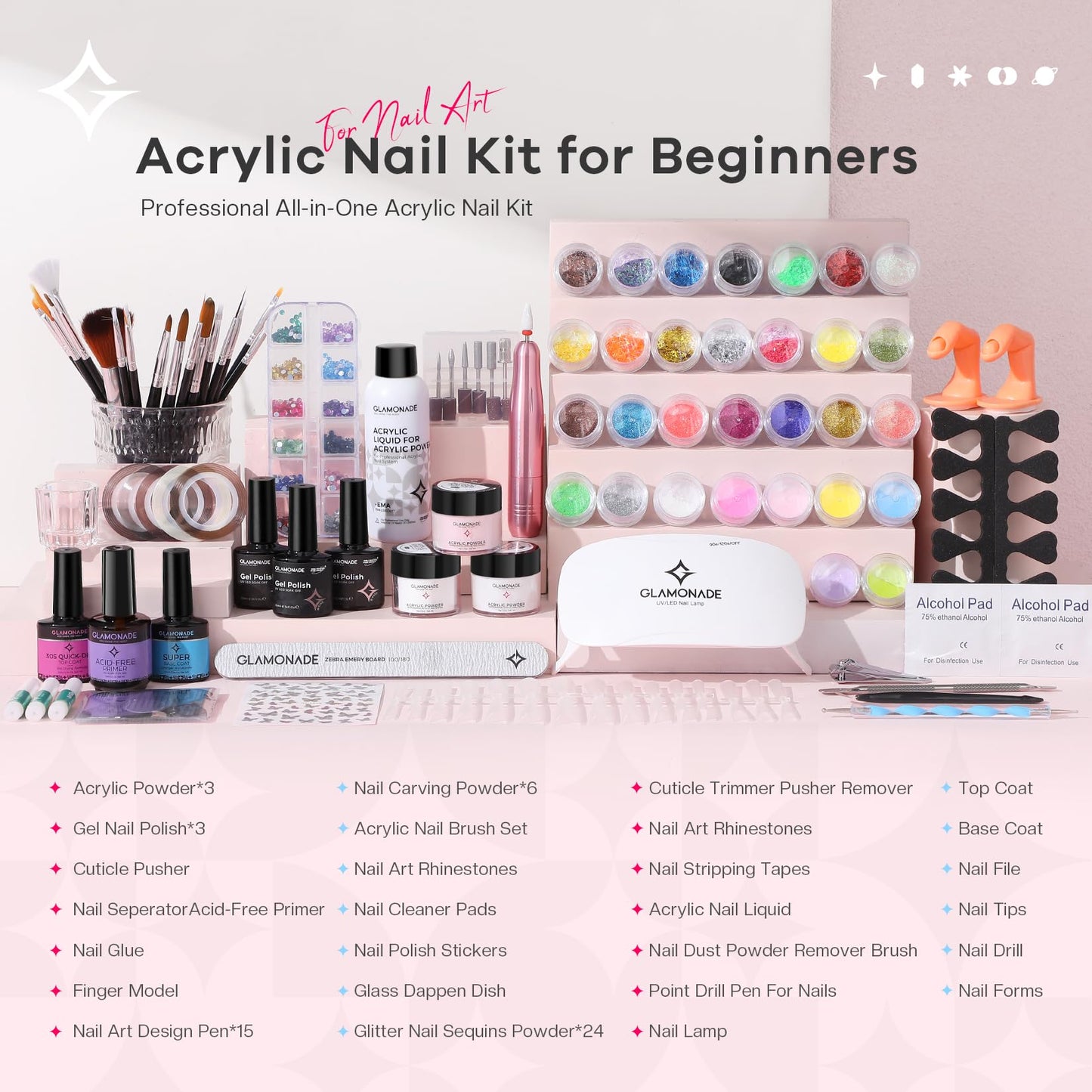 Glamonade Acrylic Nail Kit for Beginners: Professional Acrylic Nail Kit Set with Everything with Drill Powder Nail Art Starter Tech Kit at Home Salon Gift