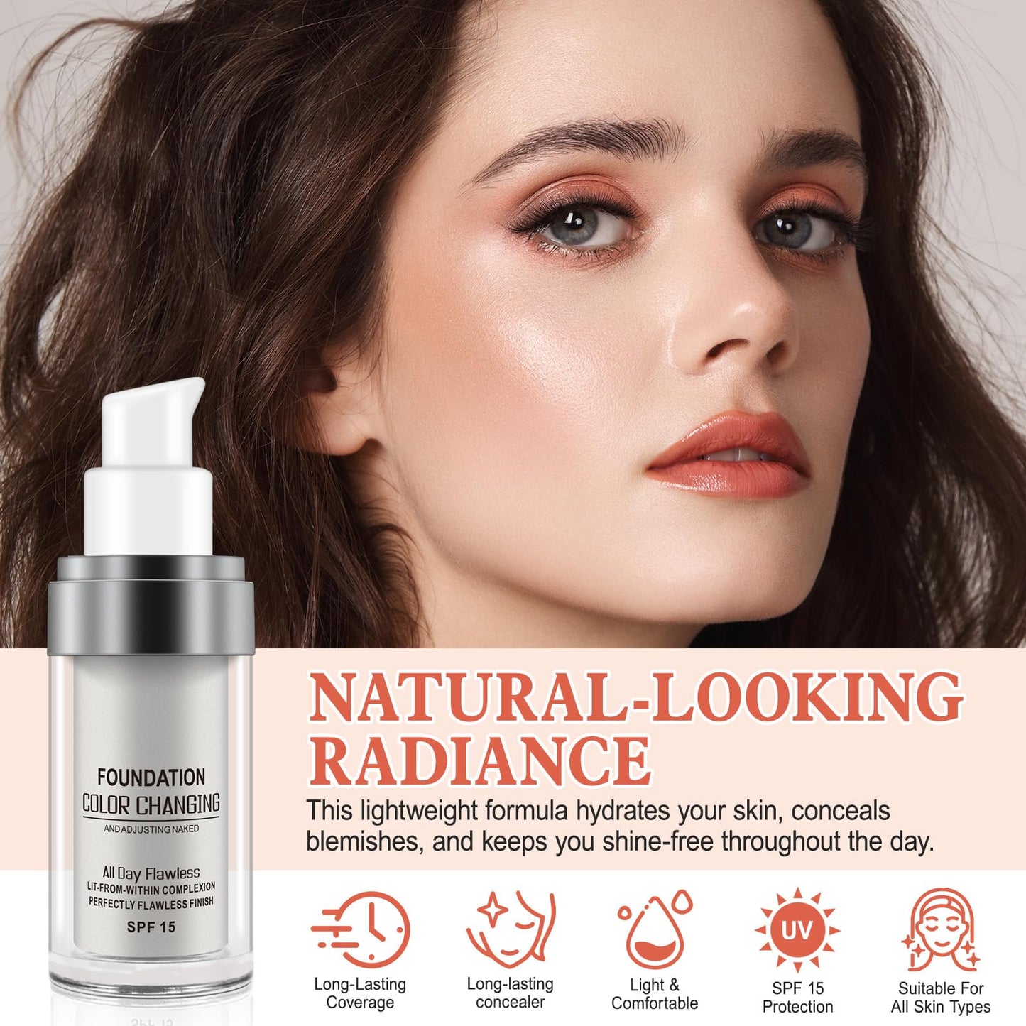 2PCS Flawless Colour Changing Warm Skin Tone Foundation, Naturally Blends Moisturizing foundation makeup, Long Lasting Waterproof Lightweight Liquid Foundation SPF 15 for Face Makeup