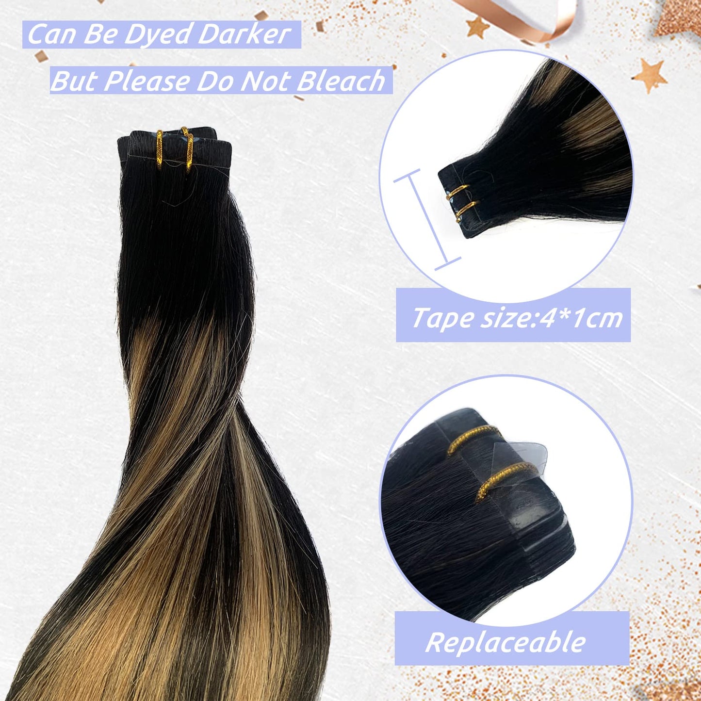 Balayage Blonde Highlights Tape in Human Hair Extensions 18Inch Ombre Natural Black with Strawberry Brown 100% Remy Tape in Hair Extensions Seamless Soft Straight 40g/20pcs
