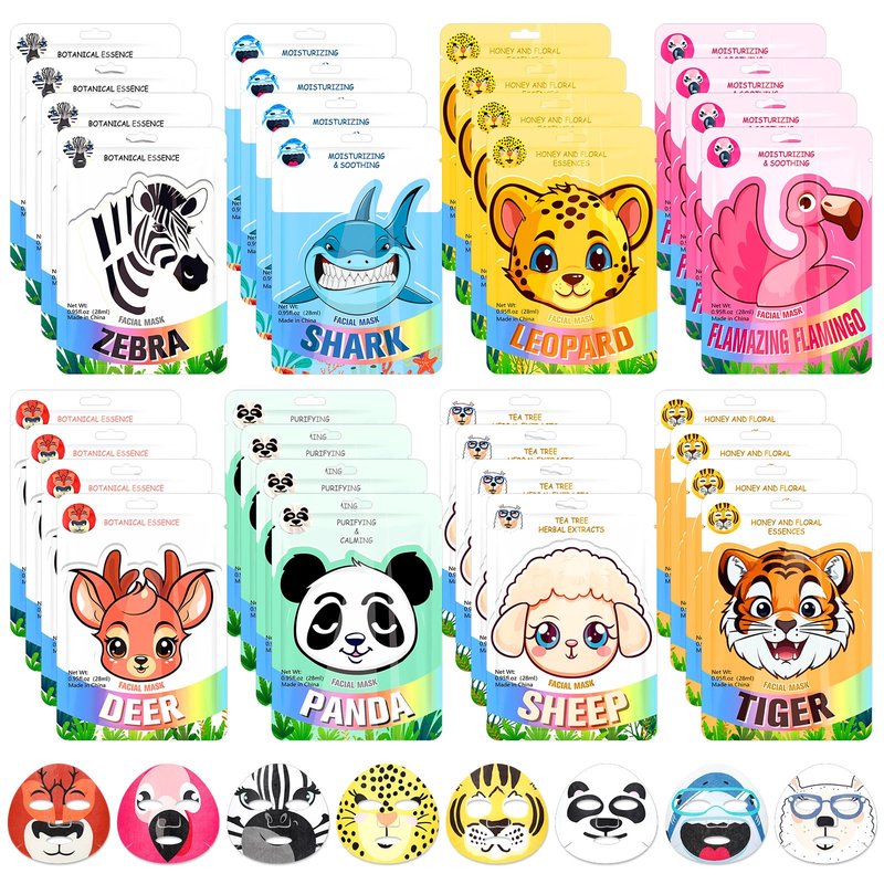 Dansib 32 Pcs Animal Face Masks Bulk Spa Sheet Skincare Facial Mask Funny Face Skin Care for Women Girls Sleepover Slumber Party