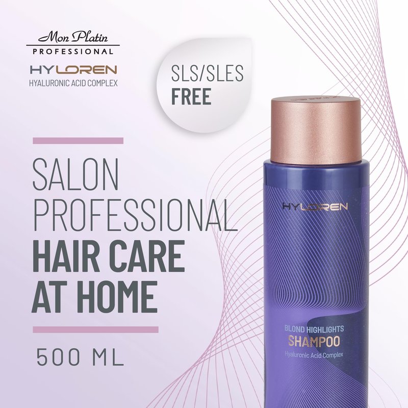 Mon Platin Professional HYLOREN Blond Hair Shampoo with Hyaluronic Acid for Blond & Highlighted Hair, Shampoo for Blond Hair, SLS/SLES Free, Moisturizing Shampoo, Purple Shampoo, 500ml
