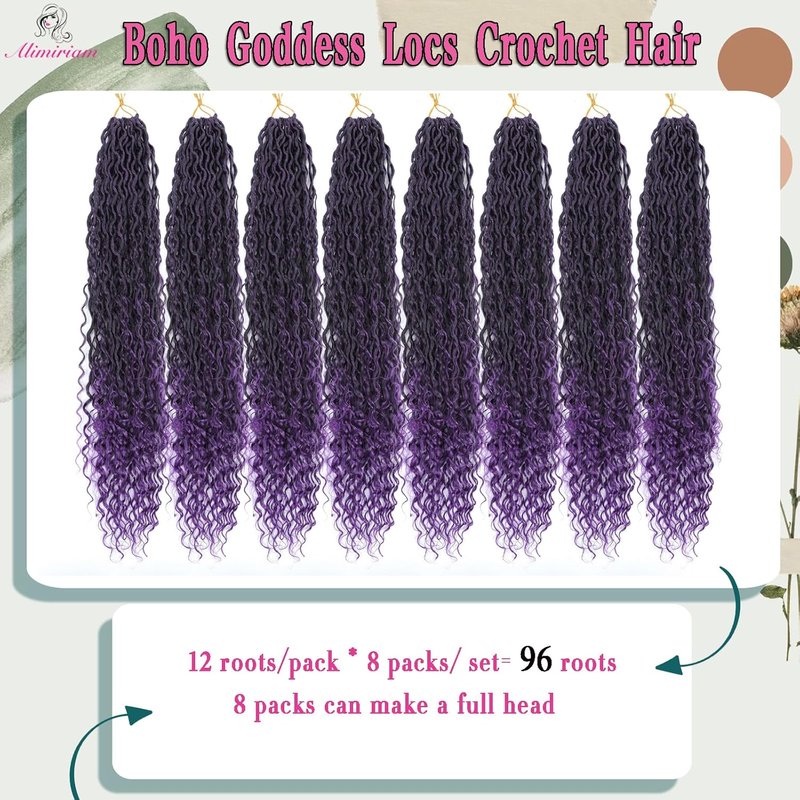 Goddess Locs Crochet Hair - 14-Inch Purple River Locs with Curly Ends | 8 Packs Synthetic Boho Braids