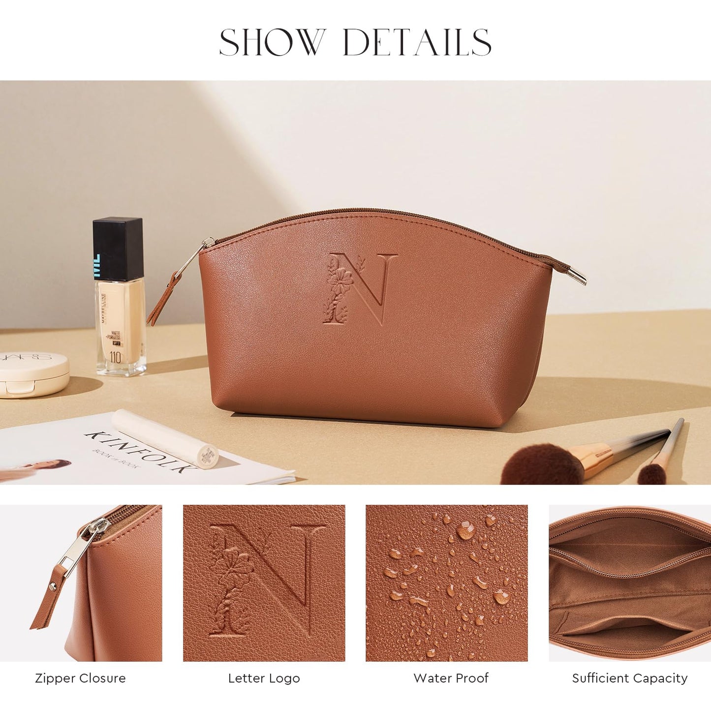 AW BRIDAL Makeup Bags for Women Travel Toiletry Bag with Luggage Tag, Makeup Pouch Cosmetic Pouch Skincare Bag Mother's Day Gift Wedding Gifts Birthday Gifts for Women, Letter N, brown