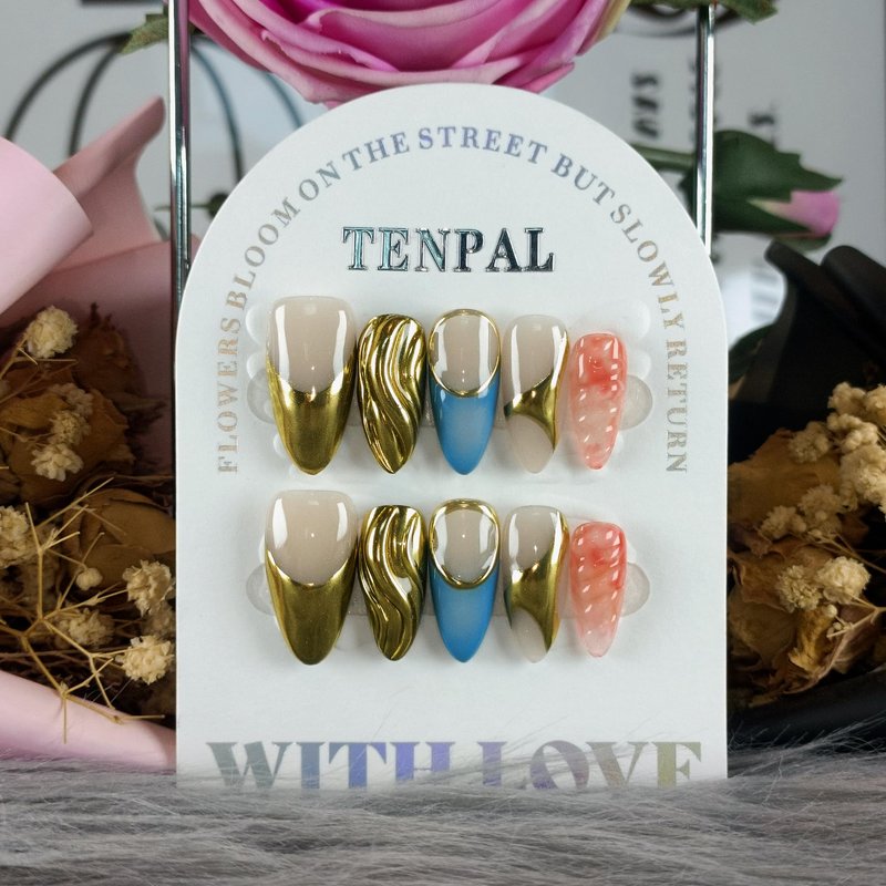 TENPAL 10Pcs Hand-Forged Press on Nails with Kit,Gothic Electroplate Almond Nails,Metallic Filigree & Rivet Designs Glue on Nails,Acrylic Glossy Punk Luxe Fake Nails Set, Chrome Stick on Nails(S)