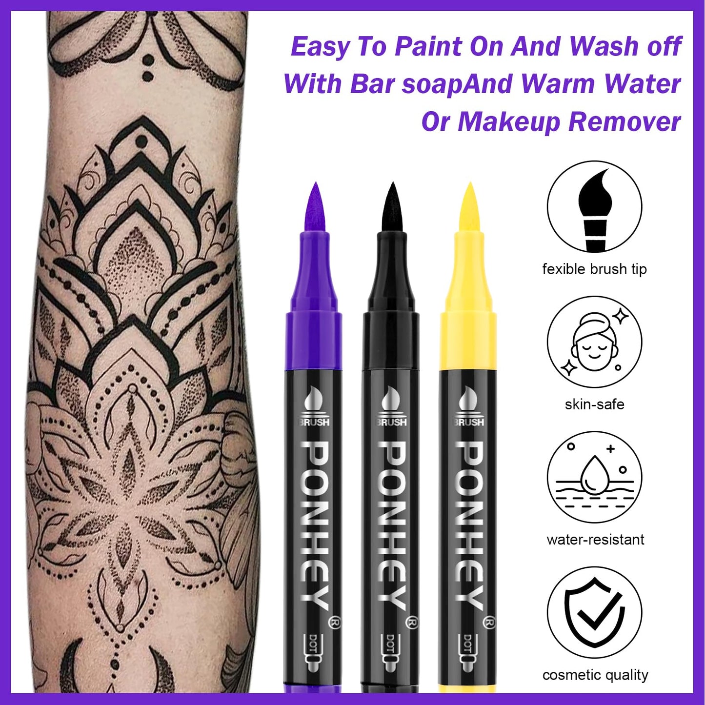Ponhey Temporary Tattoo Markers for Skin, 36 Body Markers+67 Large Tattoo Stencils,Dual-End Tattoo Pens,Fine Lines with Cosmetic-Grade,Flexible, Skin-Safe Face Paint Kit for Kids Teenage Adults