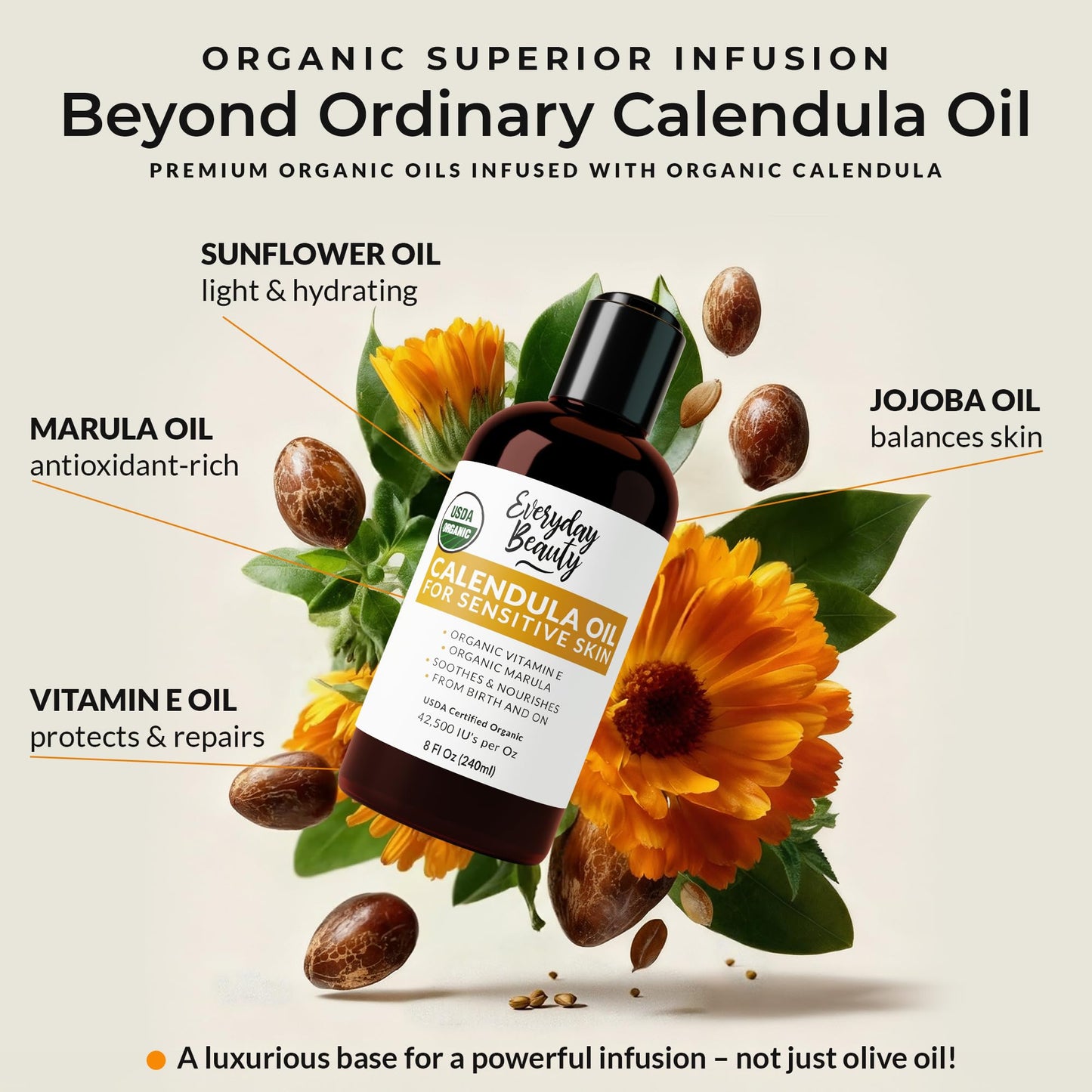 Organic Calendula Oil For Sensitive Skin -Bulk 8 Fl Oz- USDA Organic Certified 100% All Natural Plant Based, Lightweight & Unscented Gentle Soothing Oil For Sensitive Skin - For Face, Skin & All Over