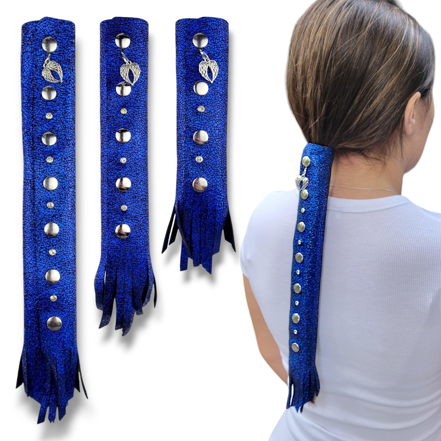 BLUE Glitter Leather Hair Wrap 6" inch to 22" - Handmade Ponytail Sleeve Long Hair Protector Frizz Saver | Colorful Bike Hair Tie Motorcycle Helmet Accessory Fringe & Crystals Made in USA (8 inch)