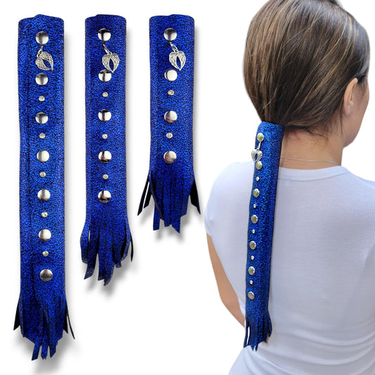 BLUE Glitter Leather Hair Wrap 6" inch to 22" - Handmade Ponytail Sleeve Long Hair Protector Frizz Saver | Colorful Bike Hair Tie Motorcycle Helmet Accessory Fringe & Crystals Made in USA (8 inch)