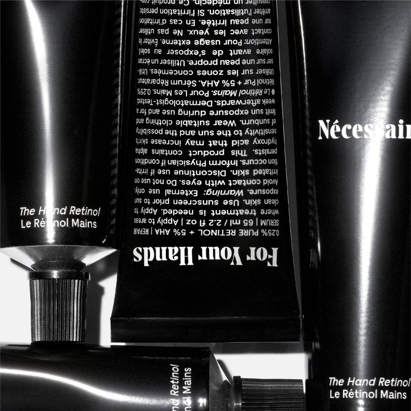 Nécessaire The Hand Retinol. Anti-Age Repair Serum. For Crepiness, Wrinkles, Spots, Brittle Cuticles. 0.25% Pure Retinol. 5% AHA. Dermatologist-Tested. Hypoallergenic. Non-Comedogenic. 2.2 fl oz.