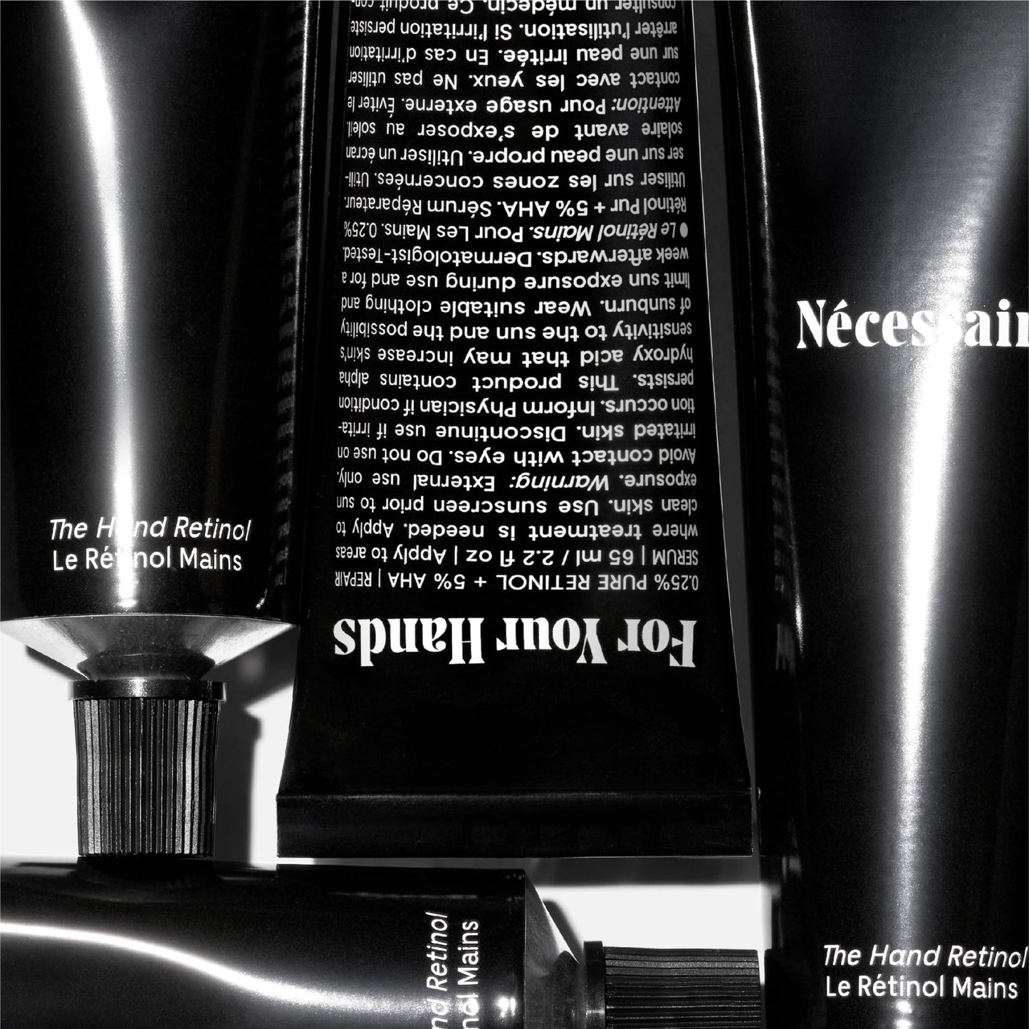 Nécessaire The Hand Retinol. Anti-Age Repair Serum. For Crepiness, Wrinkles, Spots, Brittle Cuticles. 0.25% Pure Retinol. 5% AHA. Dermatologist-Tested. Hypoallergenic. Non-Comedogenic. 2.2 fl oz.