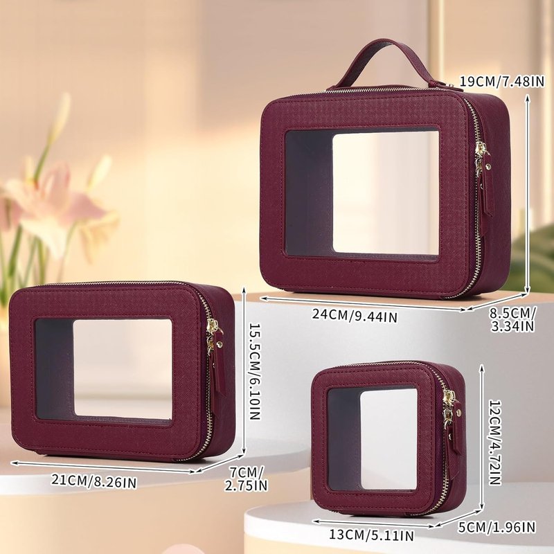 Clear Makeup Bag - Waterproof Travel Case for Cosmetics & Toiletries | Women's Organizer in Pink & Burgundy (L, M, Mini)