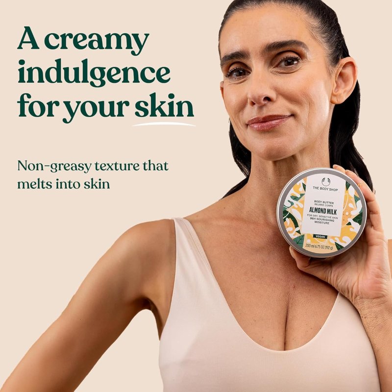 The Body Shop Almond Milk Body Butter, 96H Nourishing Moisture, For Dry, Sensitive Skin, Vegan | 200 mL / 6.75 Oz (192g)