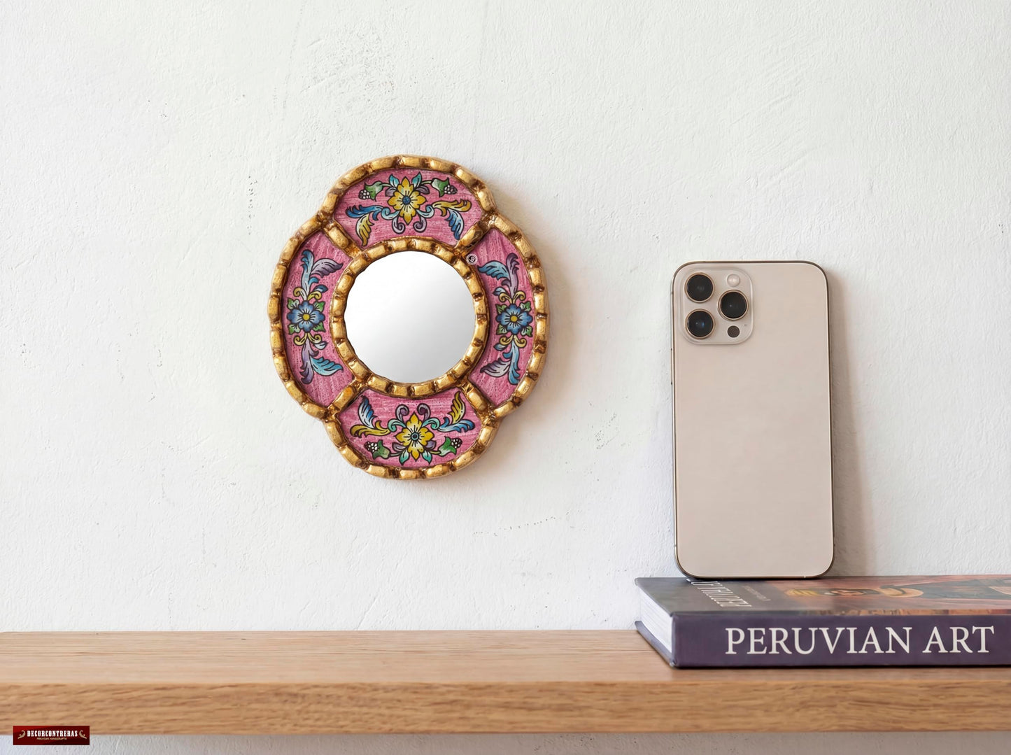 DecorContreras Peruvian Mirror Wall - Handmade Reverse Painted Glass Art - Elegant Miniature Oval Mirror for Gallery Wall - Unique 6" x 5.1" (Pink)