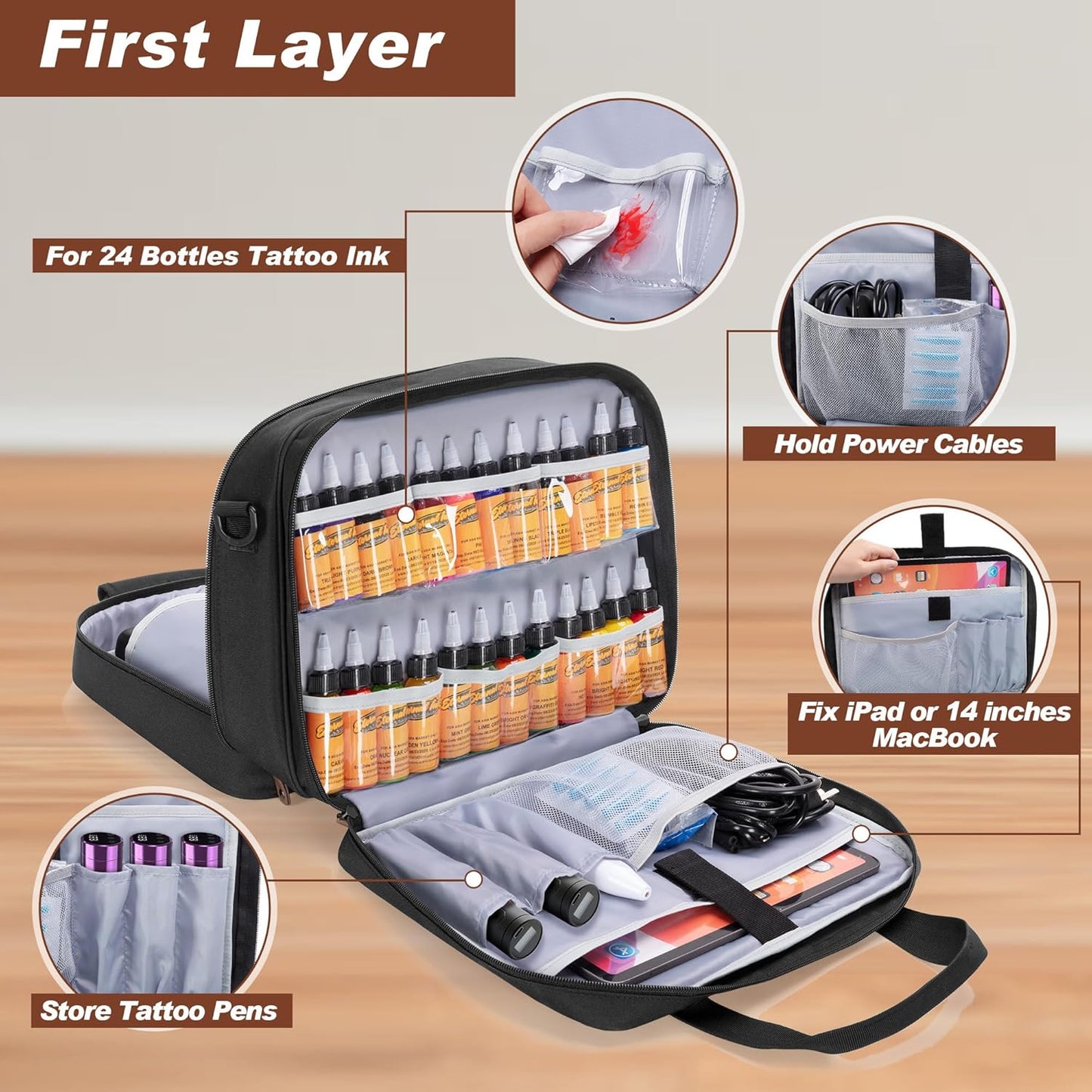 Tattoo Supplies Carrying Case - Double-Layer Travel Bag for Stencil Printer & Ink | Fits 24 Bottles, Guns, iPad - Black
