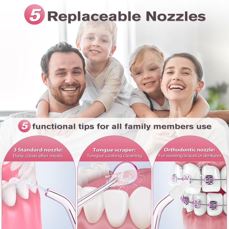 TOVENDOR Water Dental Flosser, Rechargeable Dental Oral Irrigator, 3 Modes, 5 Tips for Teeth Cleaning, Family Oral Health, Portable 300ML Large Water Tank Water Flosser, IPX7 Waterproof (Pink)