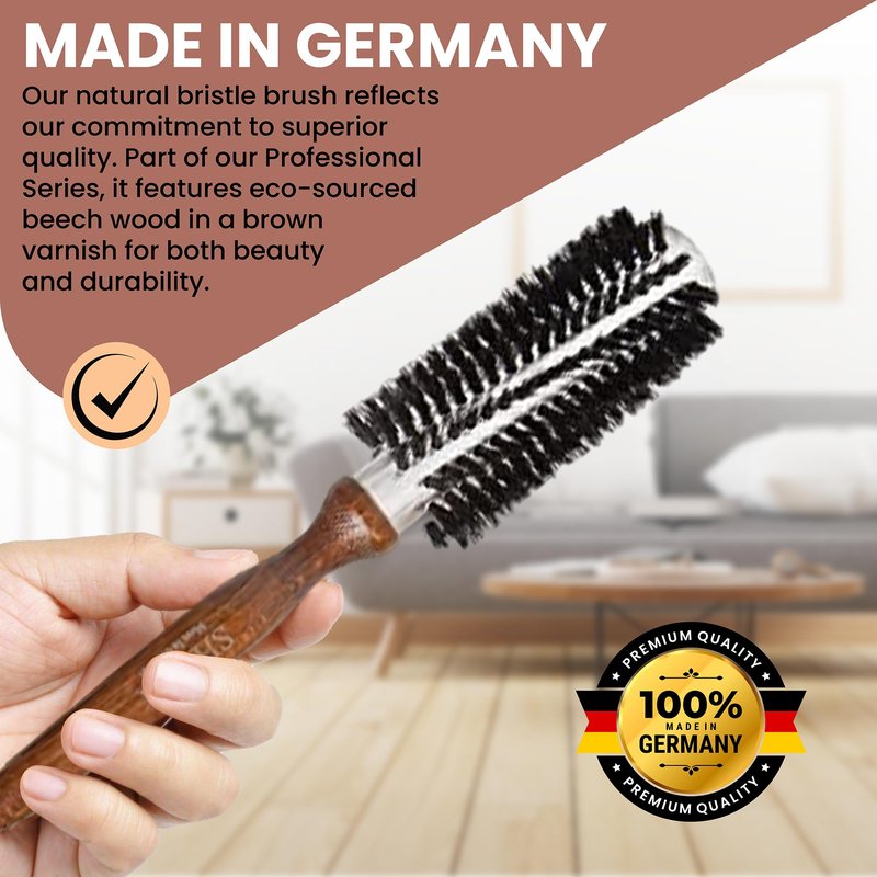 SHASH Since 1869 Hand Made In Germany Professional Series Boar Bristle Round Brush - Add Volume, Help Fight Frizz - Super-Grip Handle for Easy Styling - Eco-Sour (Small)