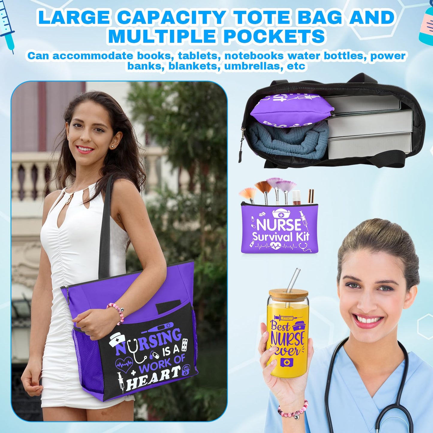 Yetene 5 Pcs Nurse Gifts for Women Tote Bag Makeup Bag 16 oz Glass Cup Bracelets Sock Gift Graduation Female(Purple,Nurse)