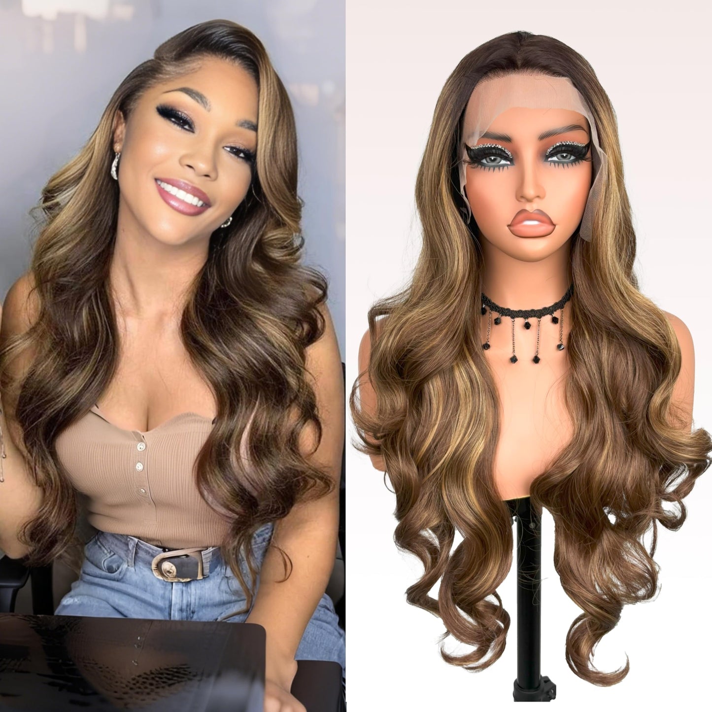 Honey Brown Body Wave Synthetic Wig 26 Inch Lace Front Ombre Brown balayage Wig Pre Plucked Pre Cut 13 * 4 HD Lace Heat Resistant Synthetic Highlights Wig for Women