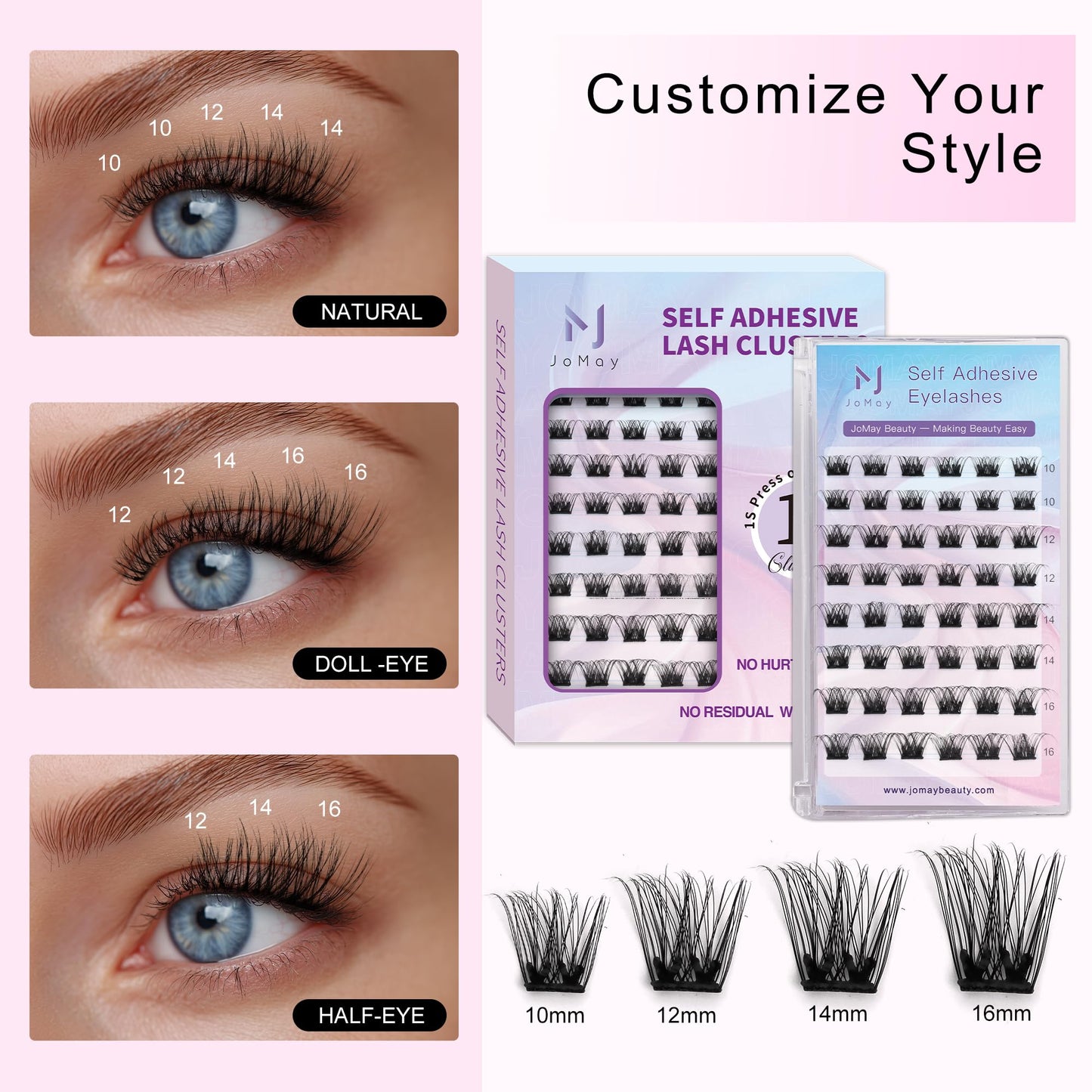 JoMay Self Adhesive Eyelashes, Press on Lashes No Glue Needed, Glueless Lashes Pre-Glued Natural Cluster Extension Kit D Curl For Beginners, No Sticky Residue 1 Step DIY 48PCS 10-16mm X01