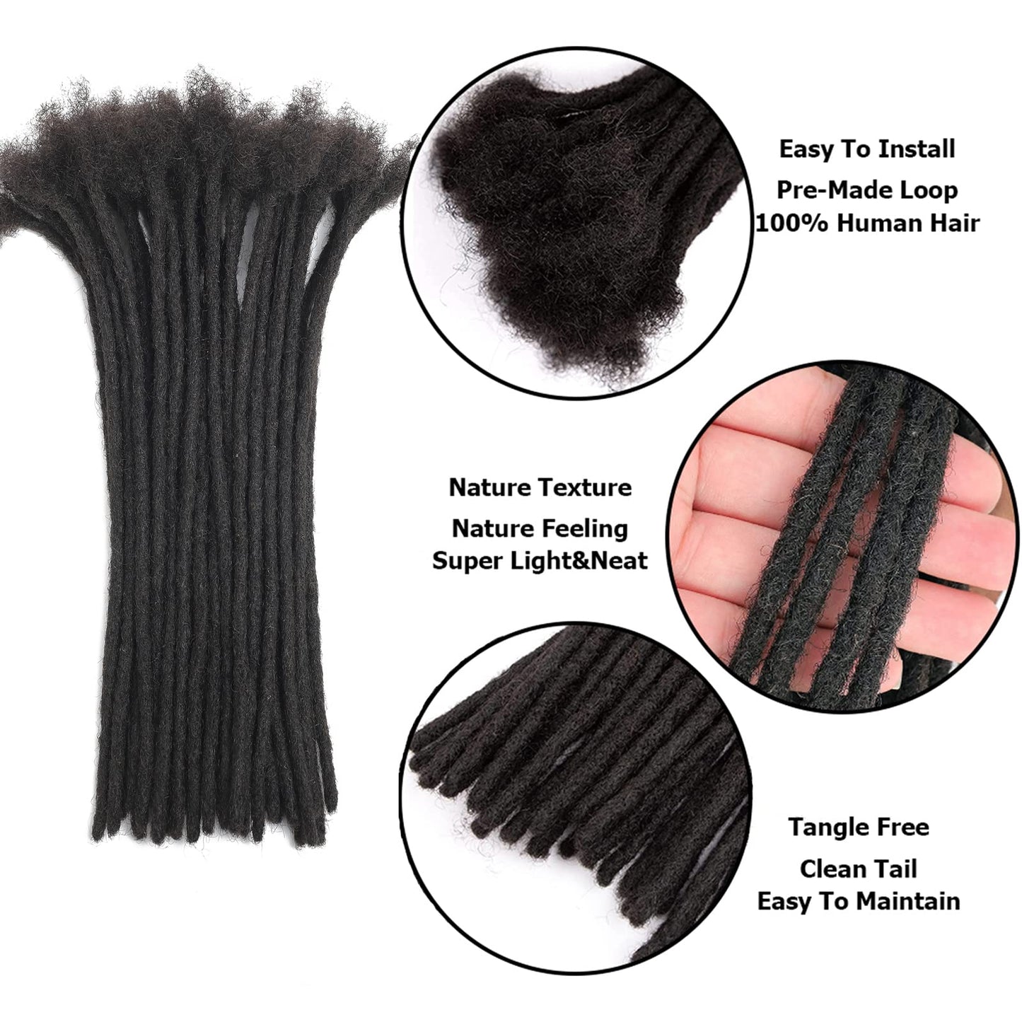 Loc Extensions Human Hair For Men/Women 8 Inch 0.6cm 20strands Width 100% Full Handmade Permanent Dreadlock Extensions Human Hair An Be Dyed Bleached Curled (100% Human Hair,Natural Black)