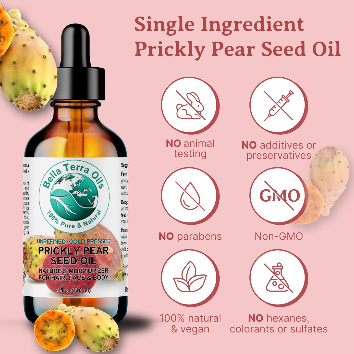 Bella Terra Oils - Prickly Pear Seed Oil 8 oz - Dive into the Richness of Cactus Oil, Bursting with Antioxidants & Minerals, Elevate Your Skin’s Vitality